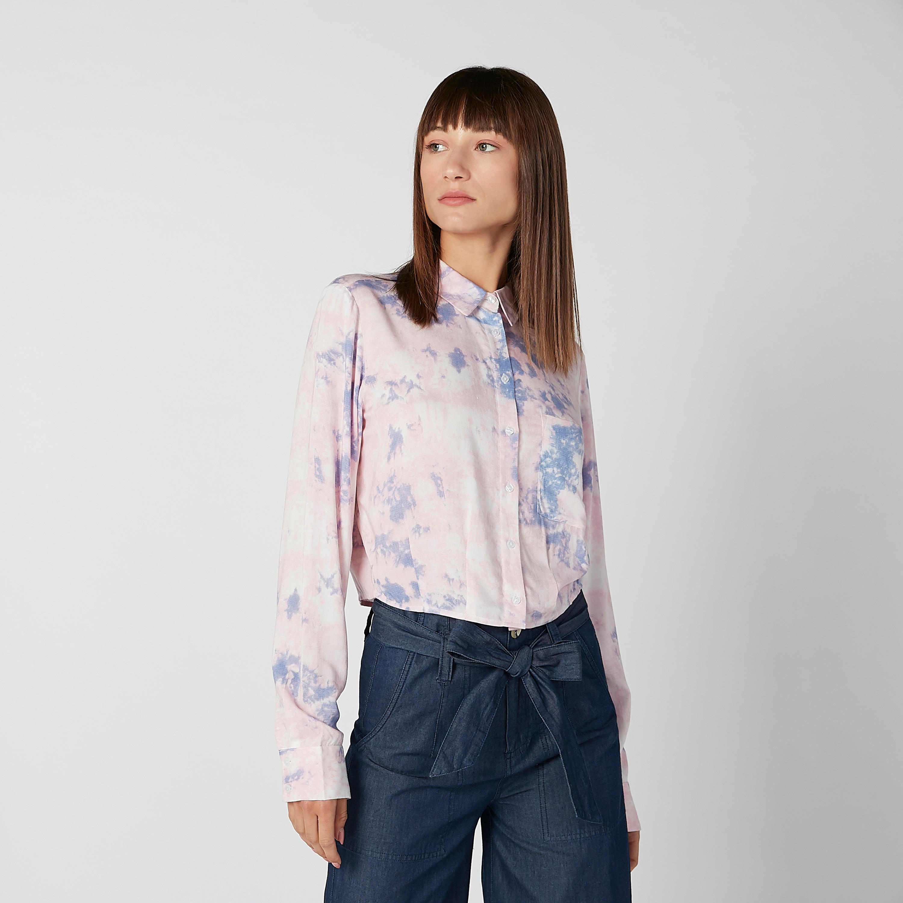 قميص مستدام قصير بأكمام طويلة وطبعات -women-clothing-shirtsandblouses-shirts-image-2