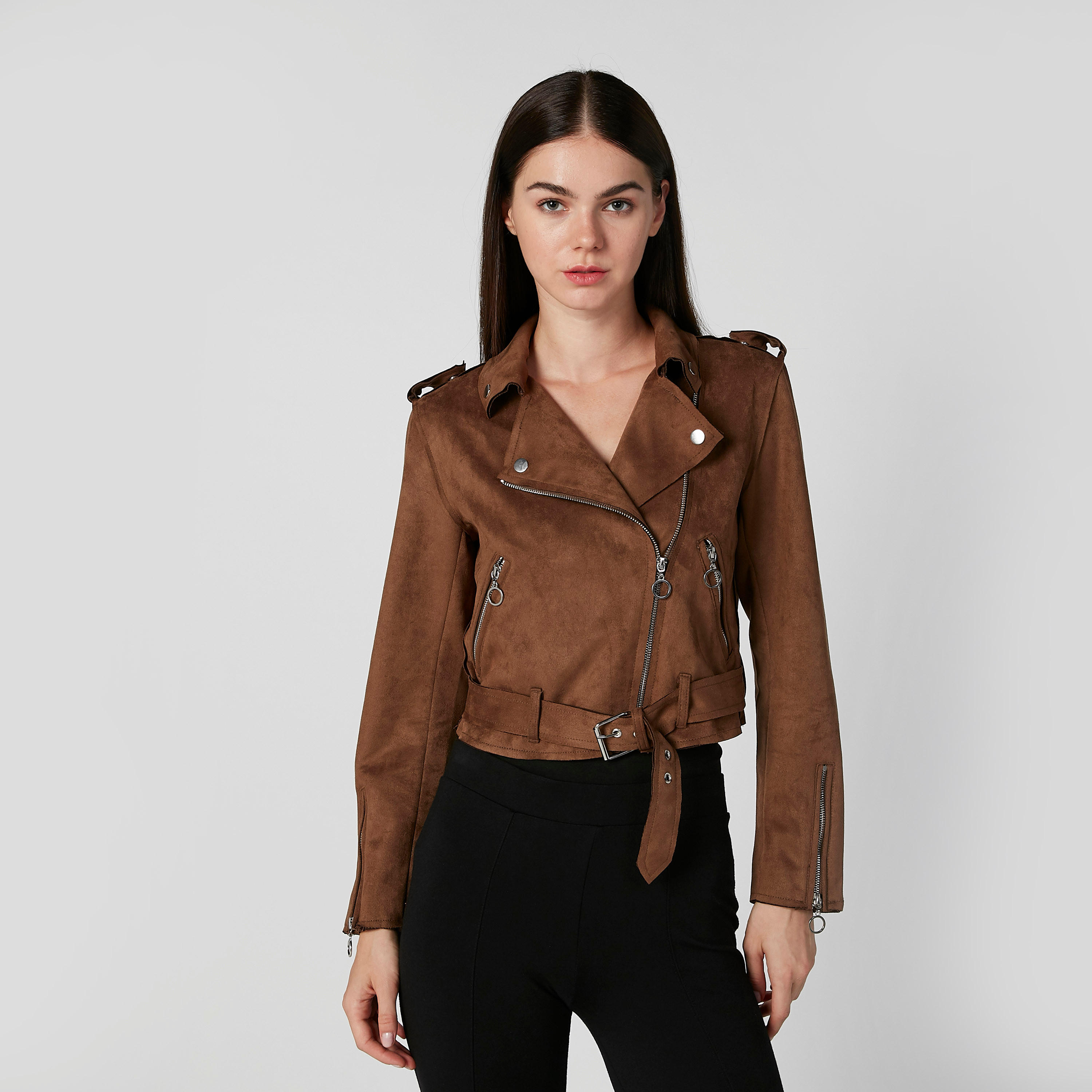 جاكيت بايكر بارز الملمس سليم بأكمام طويلة وسحاب للاغلاق من لي كوبر-women-winterwear-coatsandjackets-jackets-image-1