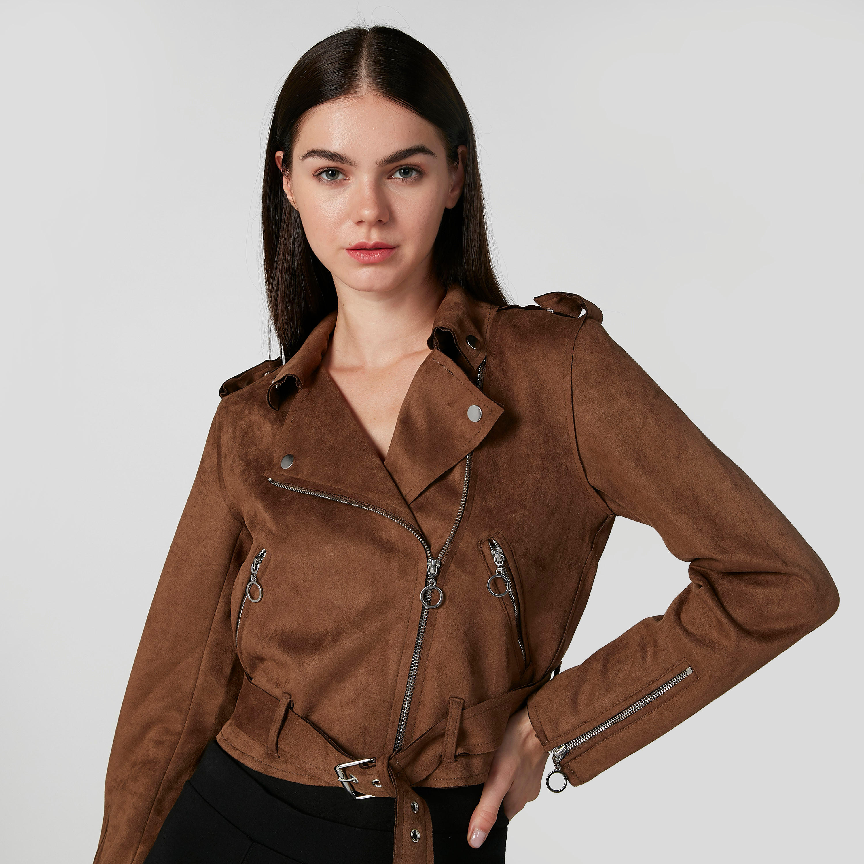 جاكيت بايكر بارز الملمس سليم بأكمام طويلة وسحاب للاغلاق من لي كوبر-women-winterwear-coatsandjackets-jackets-image-3