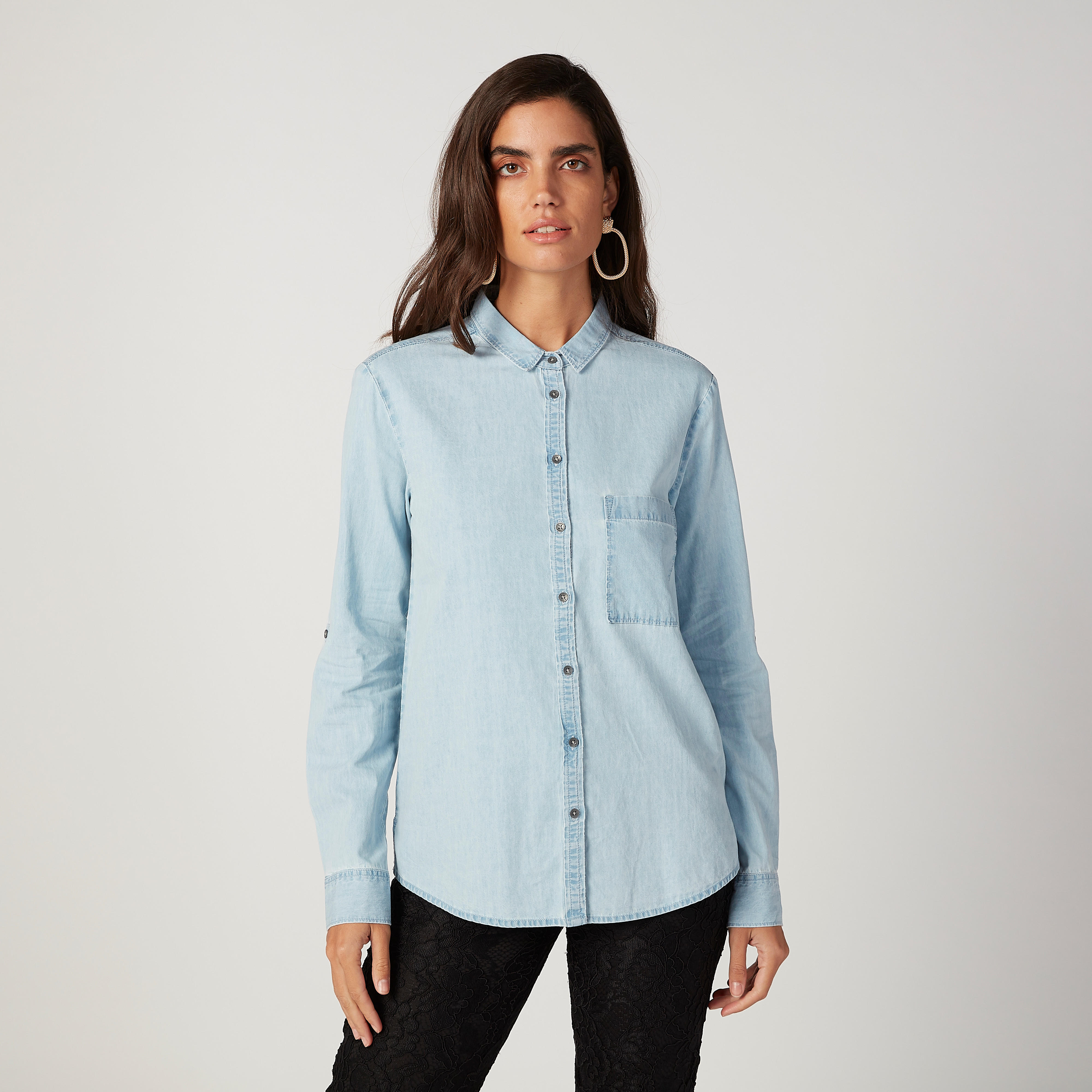 قميص سادة بياقة عاديّة وأكمام طويلة من لي كوبر-women-clothing-shirtsandblouses-shirts-image-1