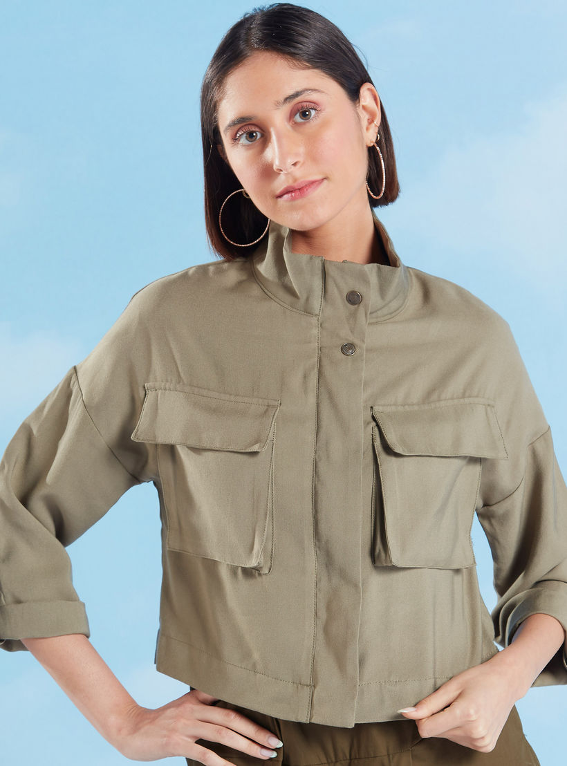 Sustainable Lee Cooper Solid Bomber Jacket with Long Sleeves-women-winterwear-coatsandjackets-jackets-image-1