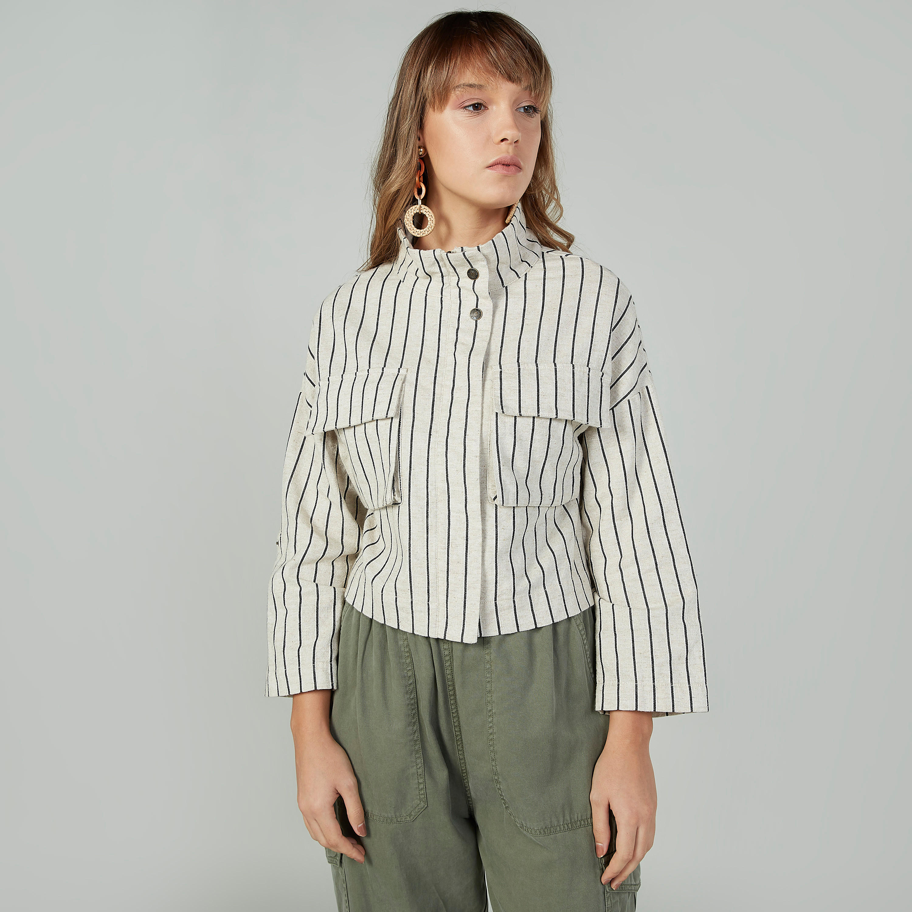 Sustainable Lee Cooper Striped Bomber Jacket with Long Sleeves-women-winterwear-coatsandjackets-jackets-image-1