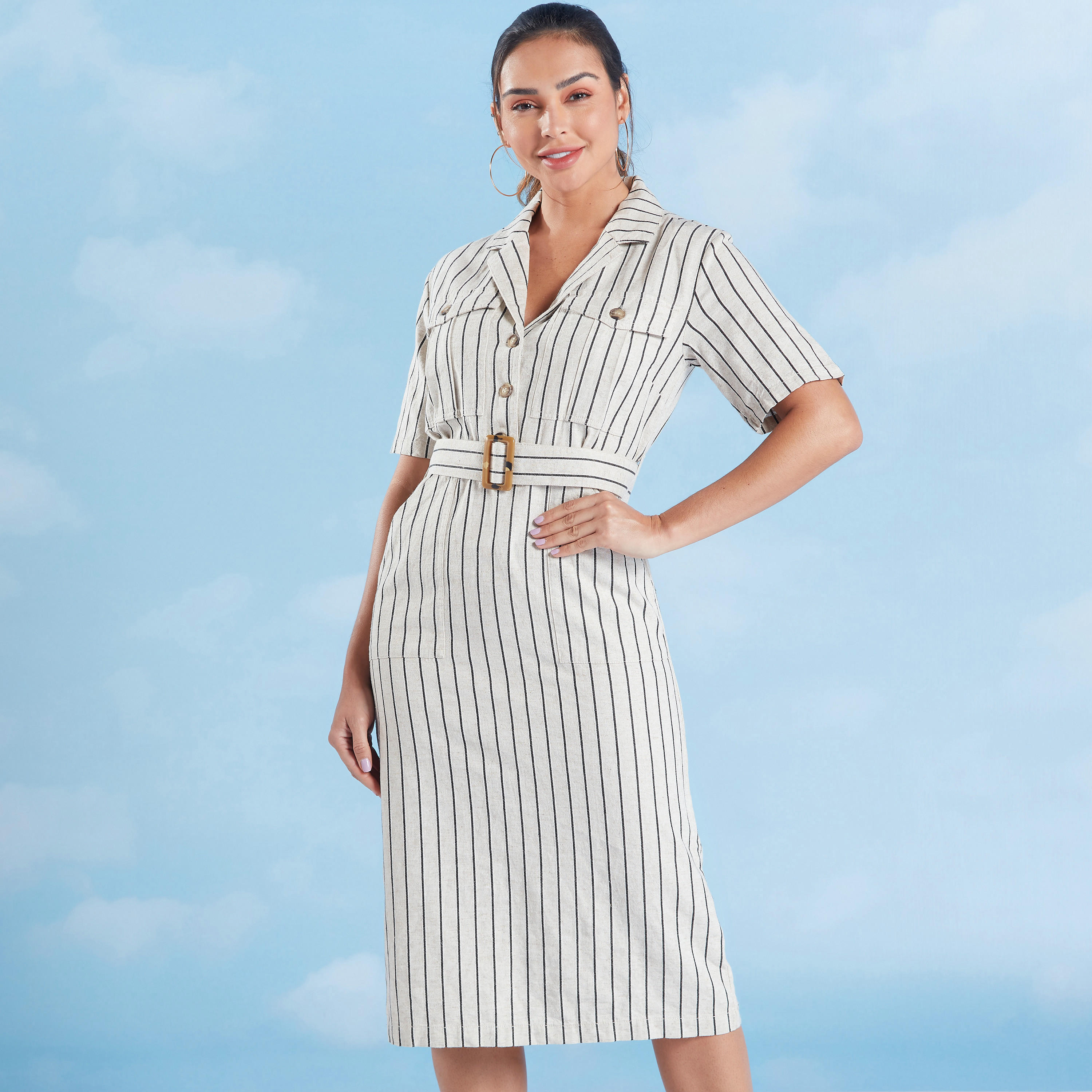 Sustainable Lee Cooper Striped Midi Dress with Short Sleeves-women-clothing-dresses-image-1