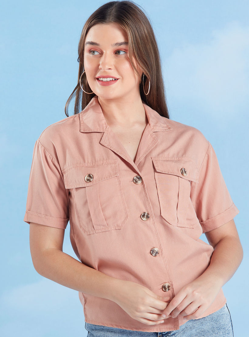 قميص سادة بأكمام قصيرة وجيوب بطيّة من لي كوبر-women-clothing-shirtsandblouses-shirts-image-1