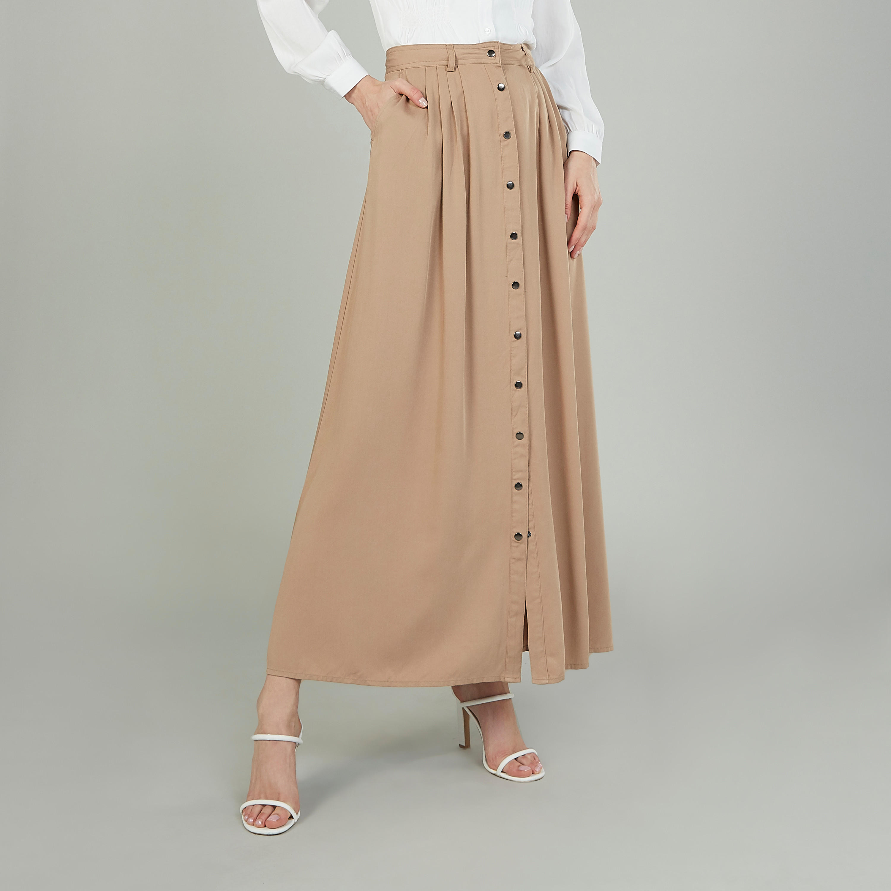تنورة سادة طويلة إيه لاين بجيوب وحزام-women-clothing-bottoms-skirts-image-1