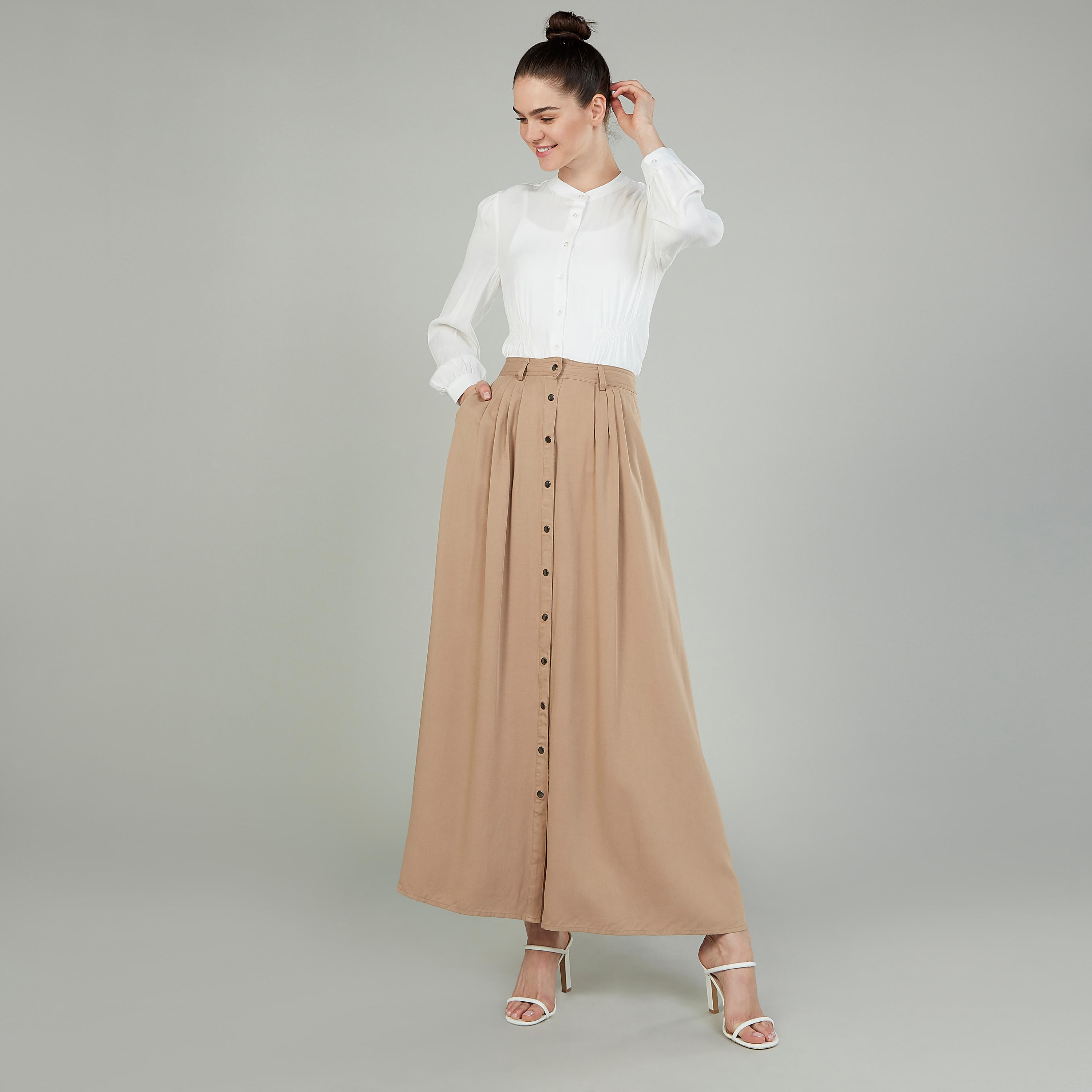 تنورة سادة طويلة إيه لاين بجيوب وحزام-women-clothing-bottoms-skirts-image-2
