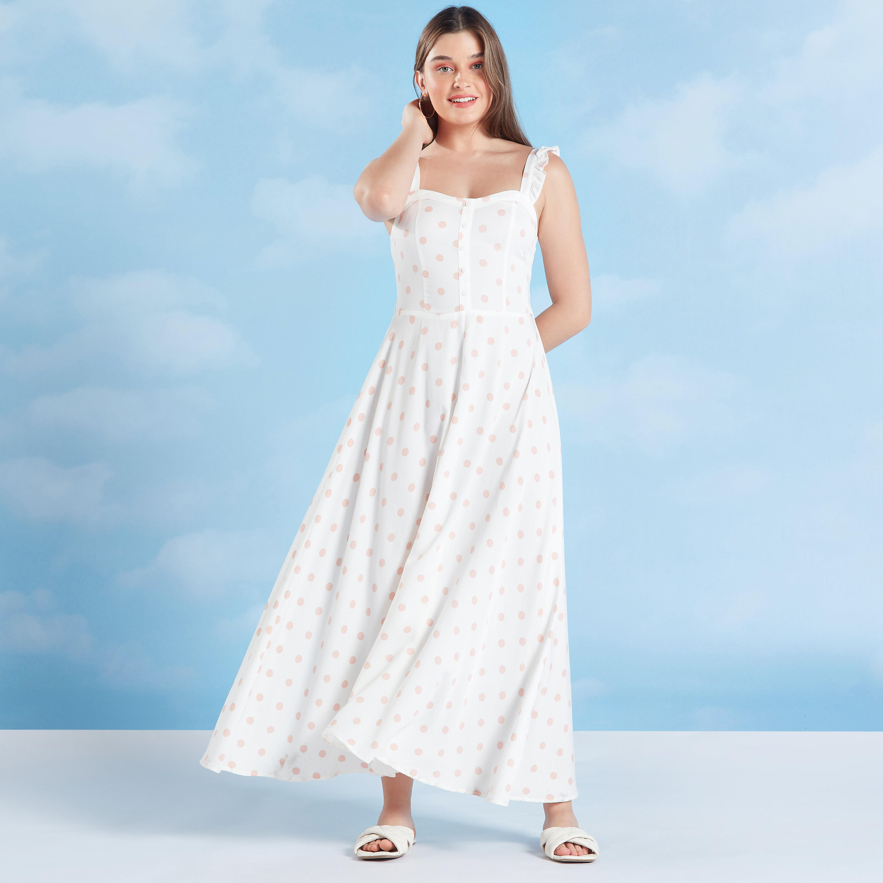 فستان مستدام ميدي إيه لاين منقّط دون أكمام من لي كوبر-women-clothing-dresses-image-1