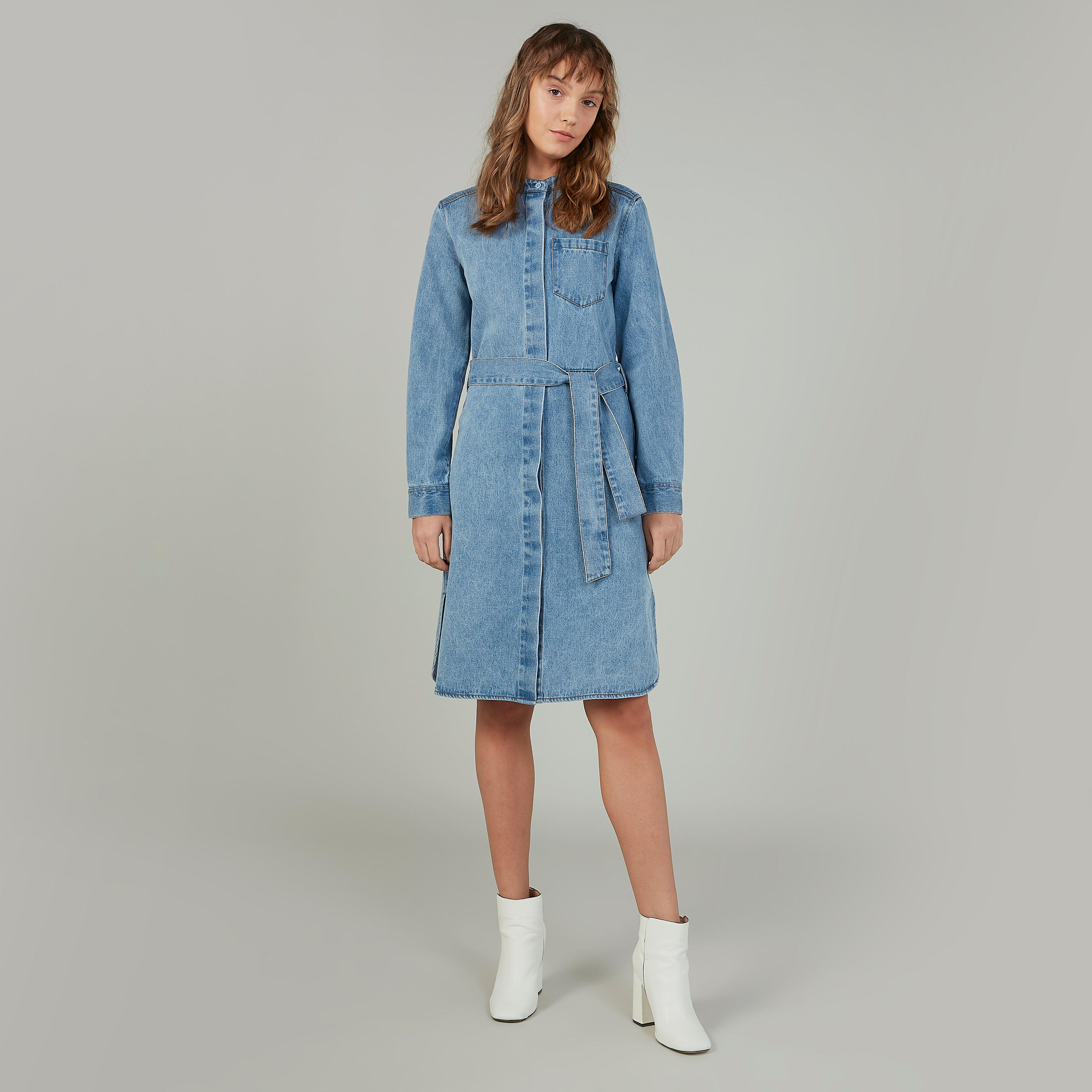 فستان قميص سادة متوسط الطول بأكمام طويلة وحزام من لي كوبر-women-clothing-dresses-image-1