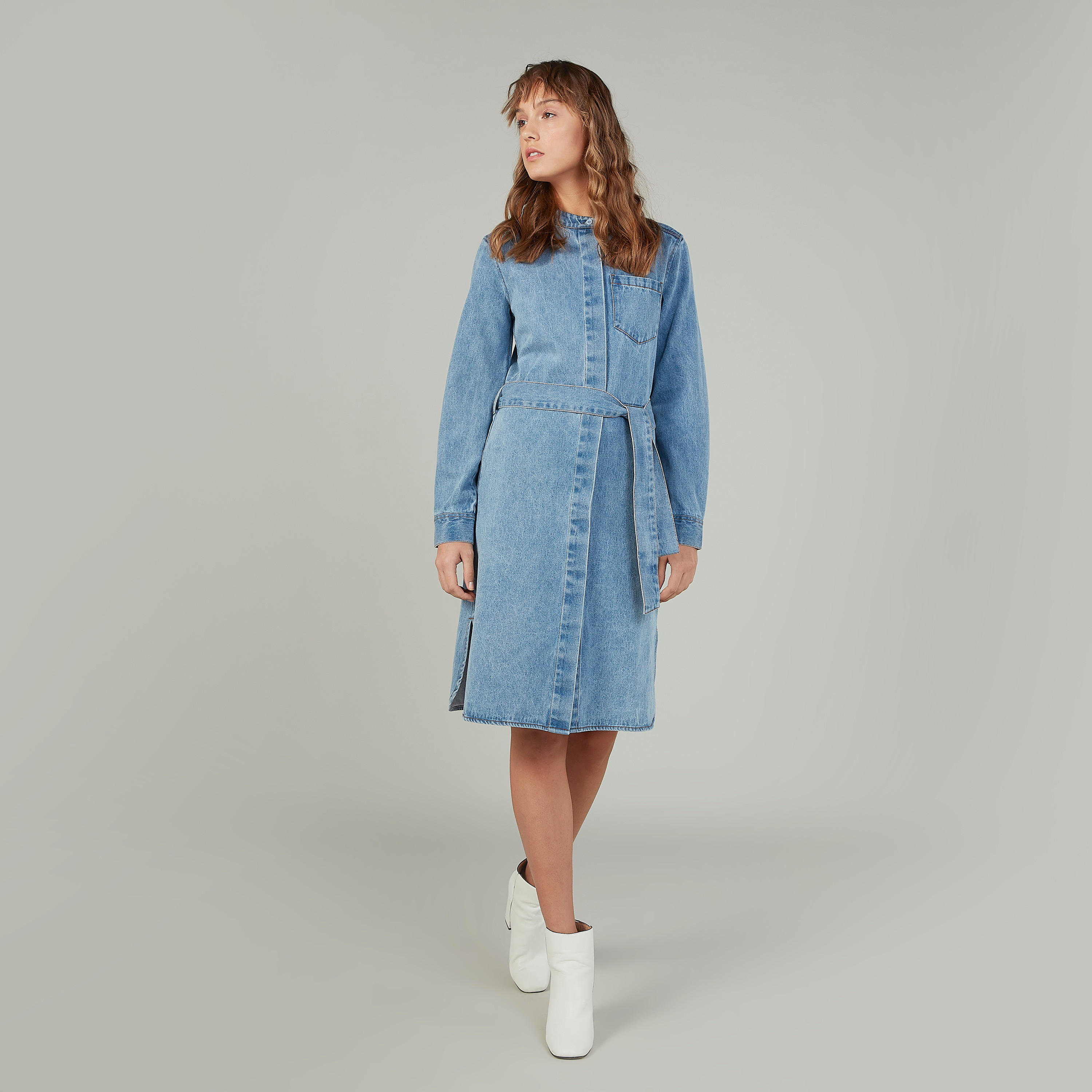 فستان قميص سادة متوسط الطول بأكمام طويلة وحزام من لي كوبر-women-clothing-dresses-image-2