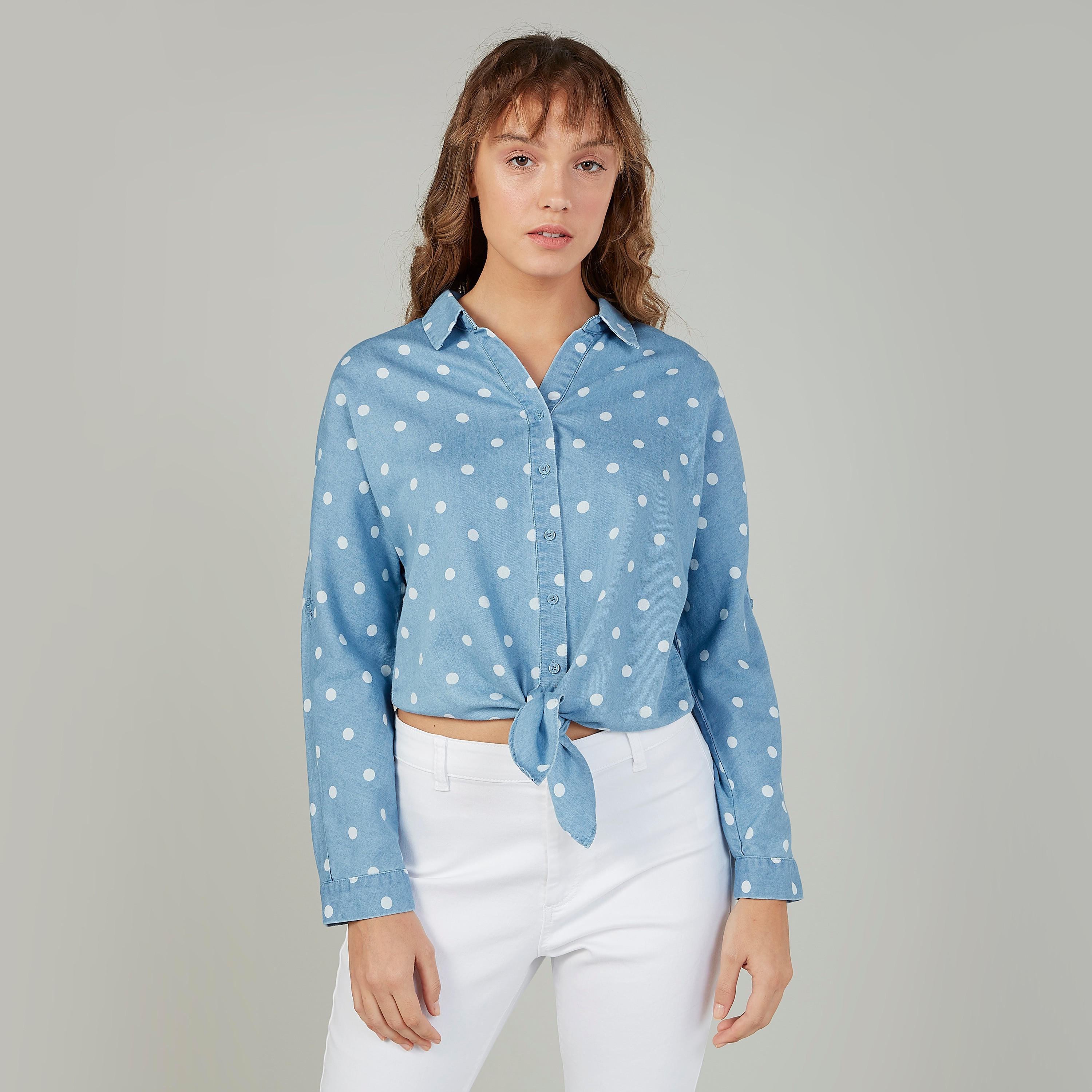 قميص مستدام قصير بأكمام طويلة بطبعات منقطة من لي كوبر-women-clothing-shirtsandblouses-shirts-image-1