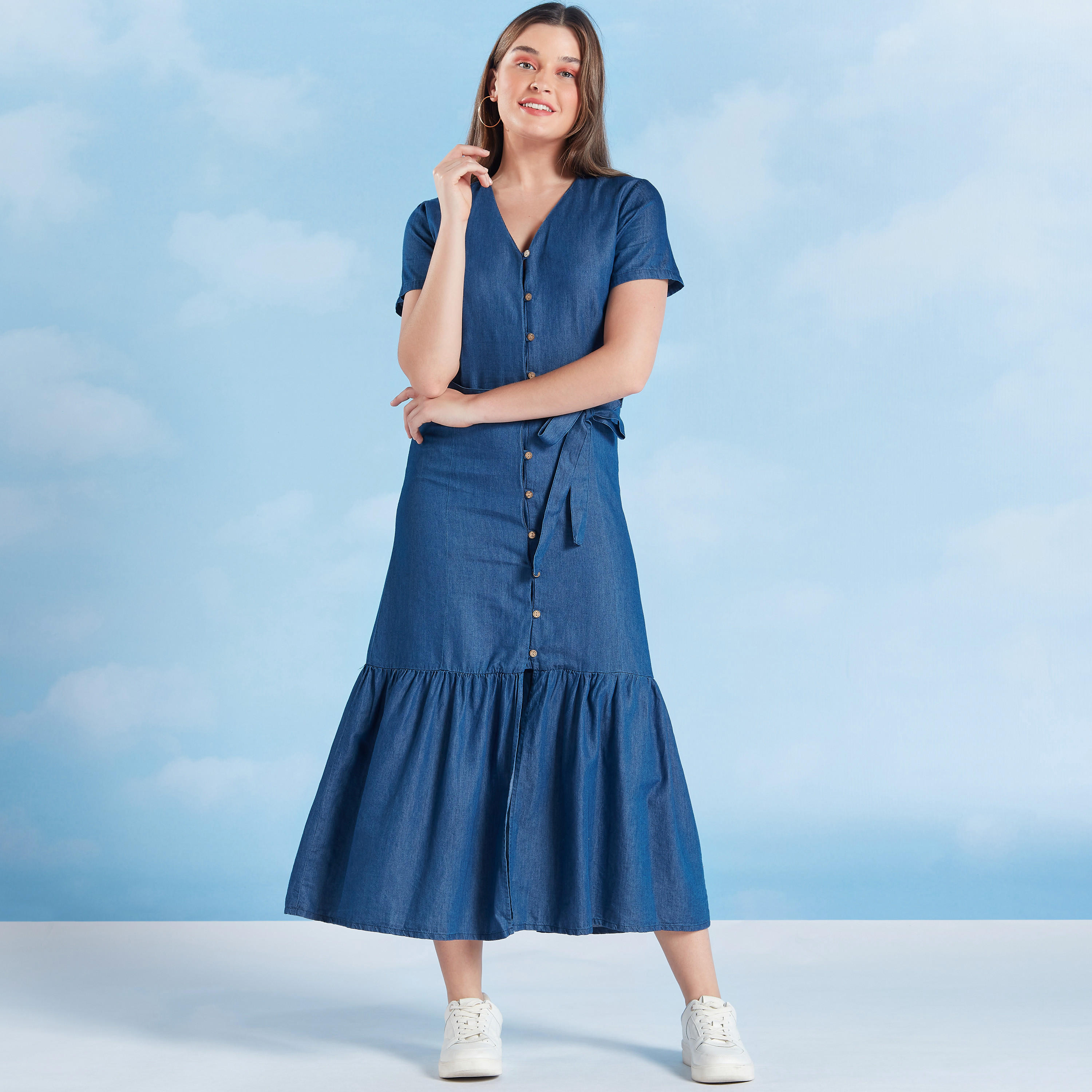 فستان قميص مستدام  آيه لاين متوسطة الطول بأكمام قصيرة من لي كوبر -women-clothing-dresses-image-1