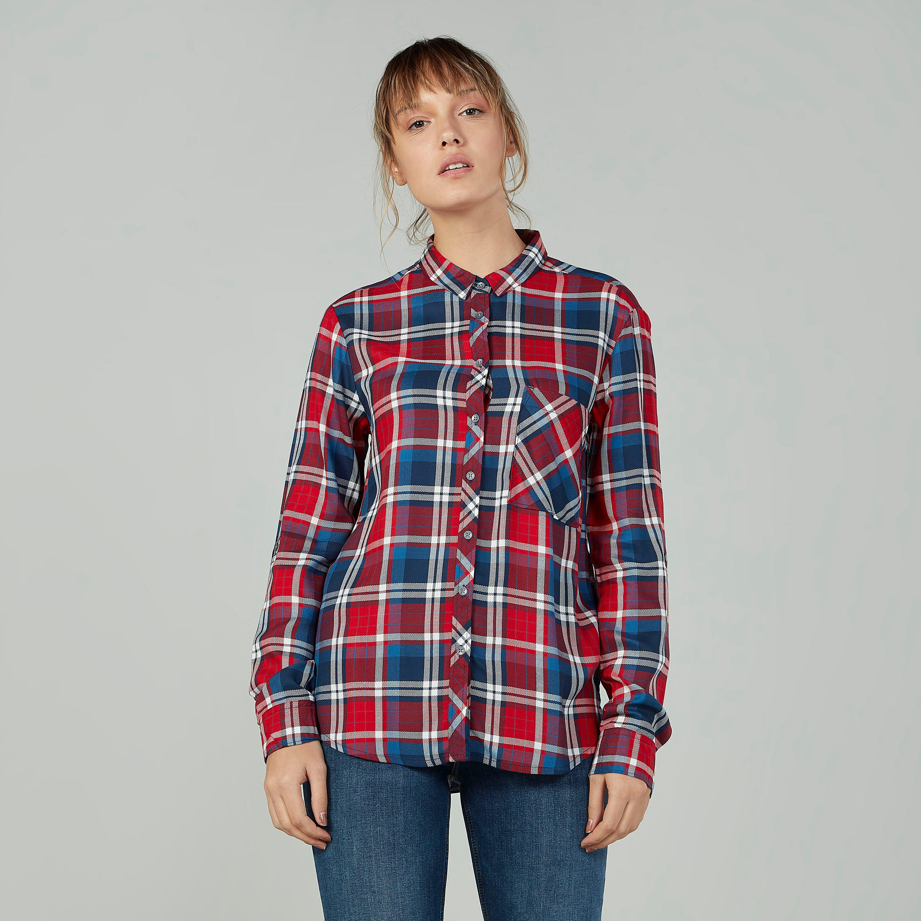 قميص كاروهات بياقة عاديّة وأكمام طويلة من لي كوبر-women-clothing-shirtsandblouses-shirts-image-1