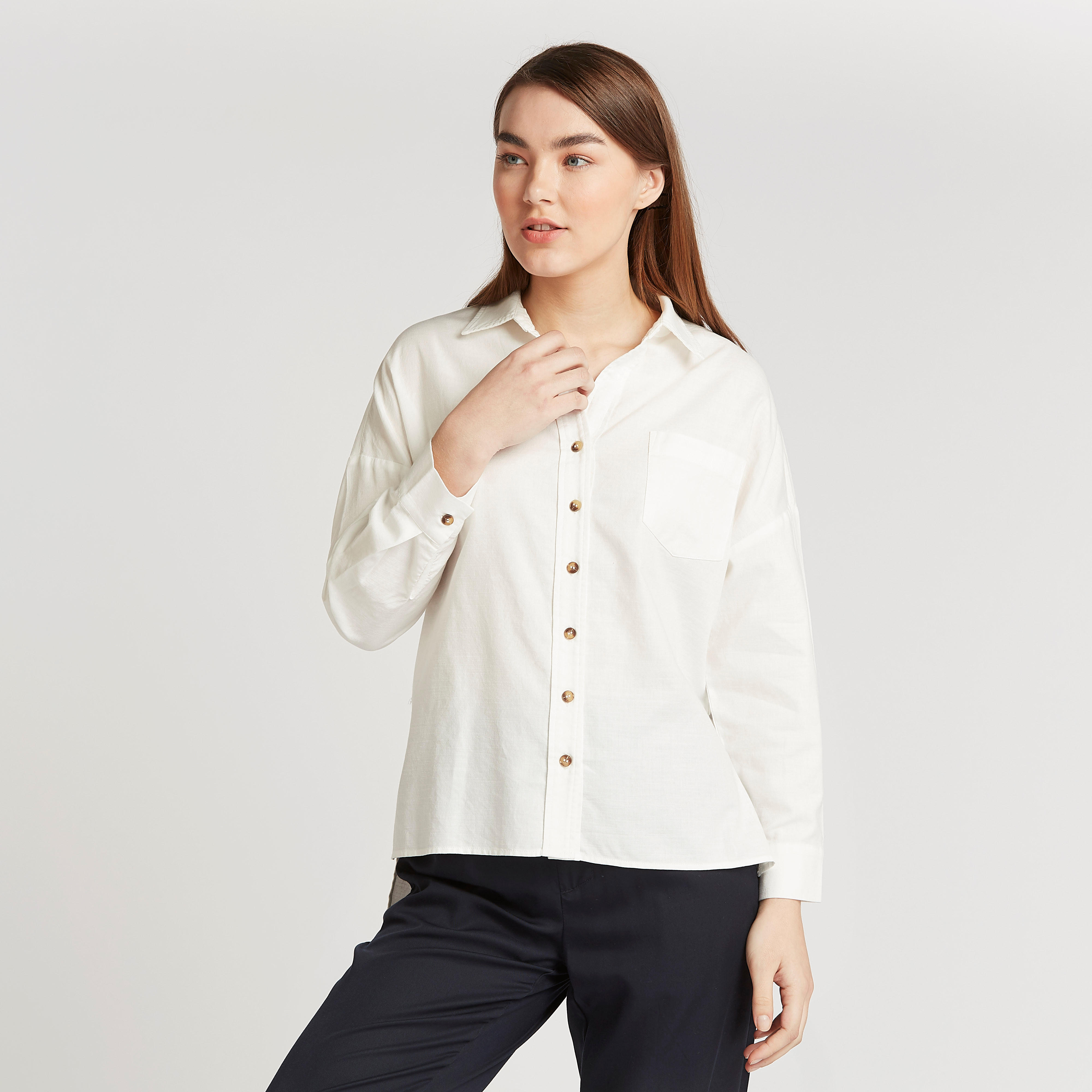 Solid Asymmetric Hem Shirt with Long Sleeves and Chest Pocket-women-clothing-shirtsandblouses-shirts-image-1