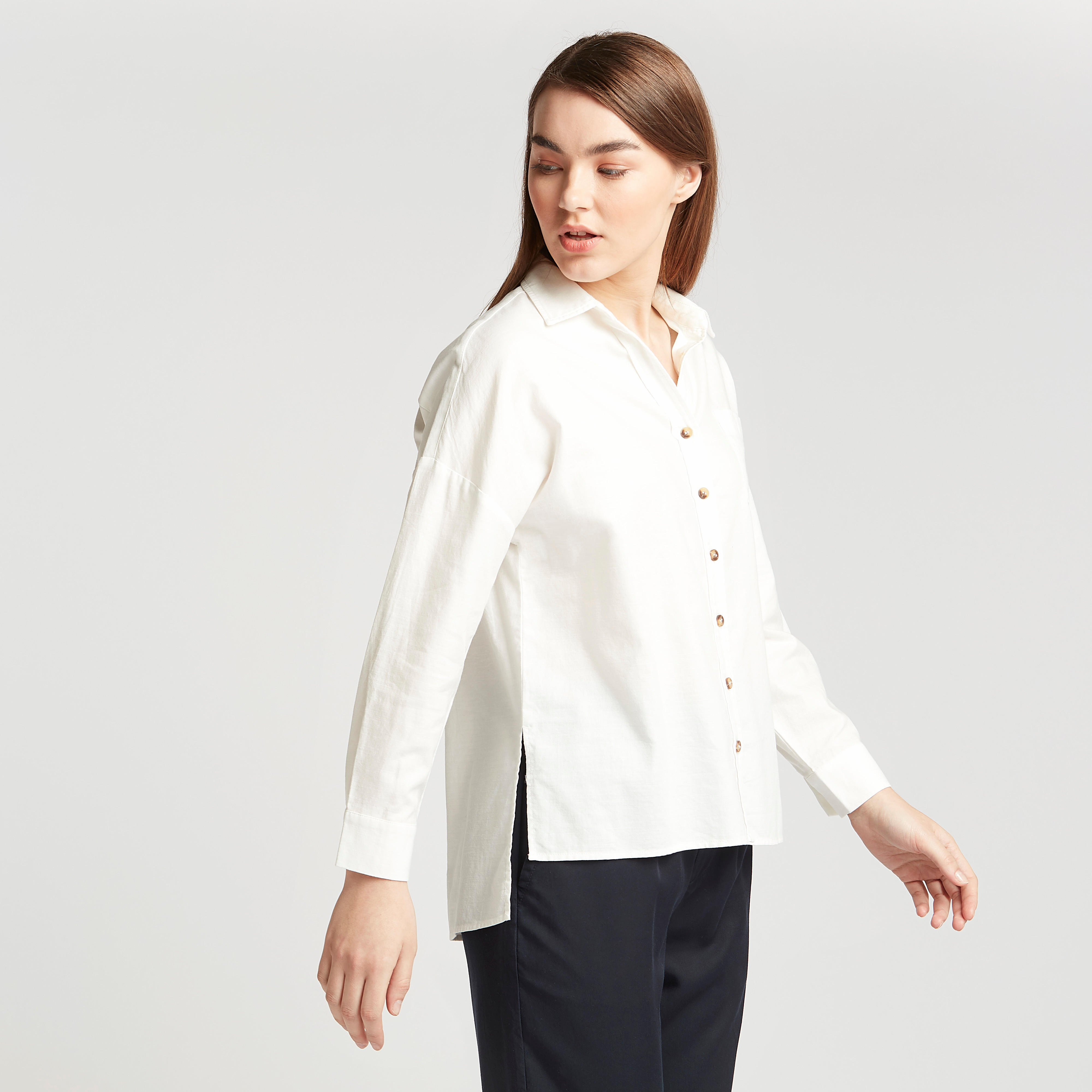 Solid Asymmetric Hem Shirt with Long Sleeves and Chest Pocket-women-clothing-shirtsandblouses-shirts-image-5