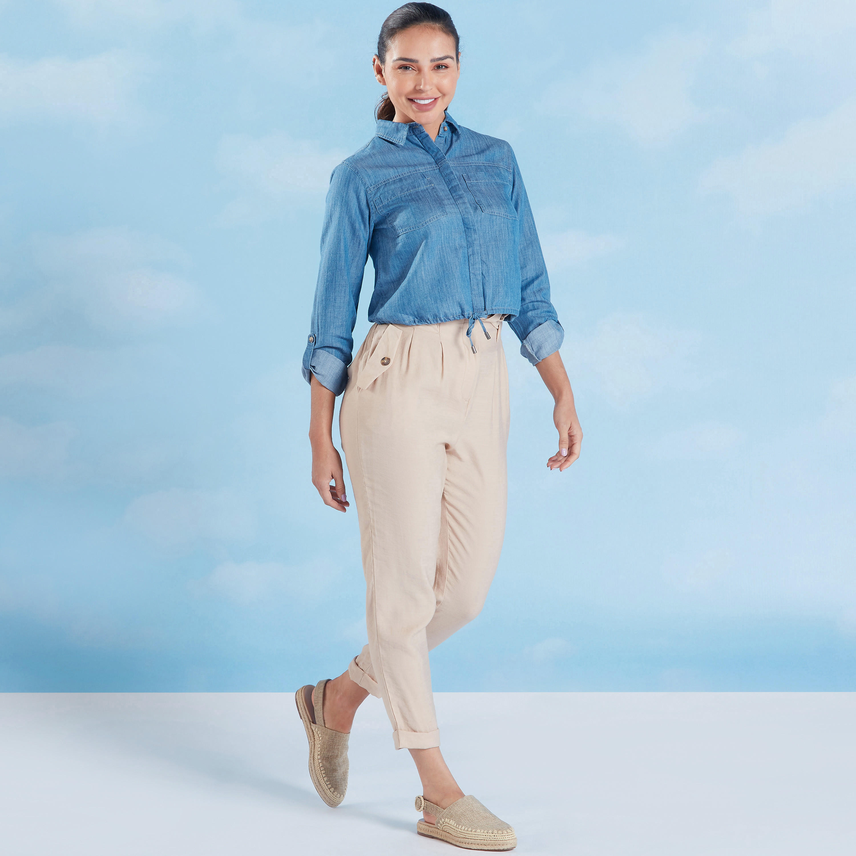Lee Cooper Plain Denim Crop Top with Spread Collar and Long Sleeves-women-clothing-shirtsandblouses-blouses-image-2