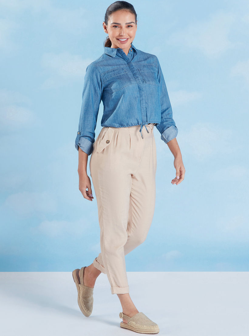 Lee Cooper Plain Denim Crop Top with Spread Collar and Long Sleeves-women-clothing-shirtsandblouses-blouses-image-2