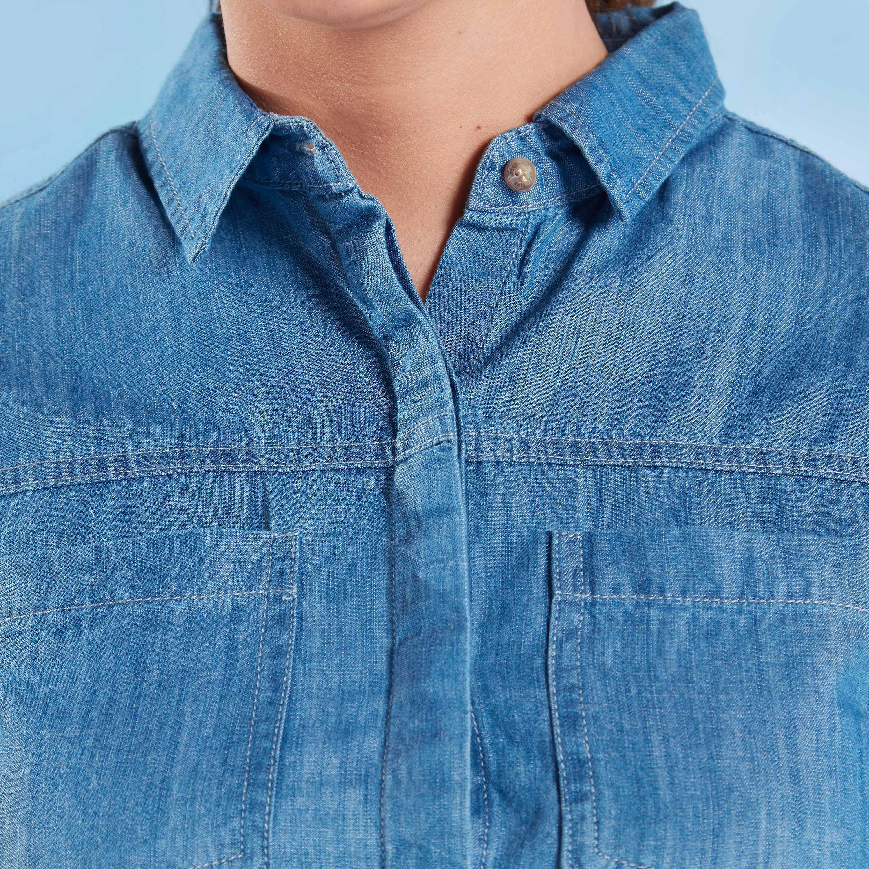 Lee Cooper Plain Denim Crop Top with Spread Collar and Long Sleeves-women-clothing-shirtsandblouses-blouses-image-3