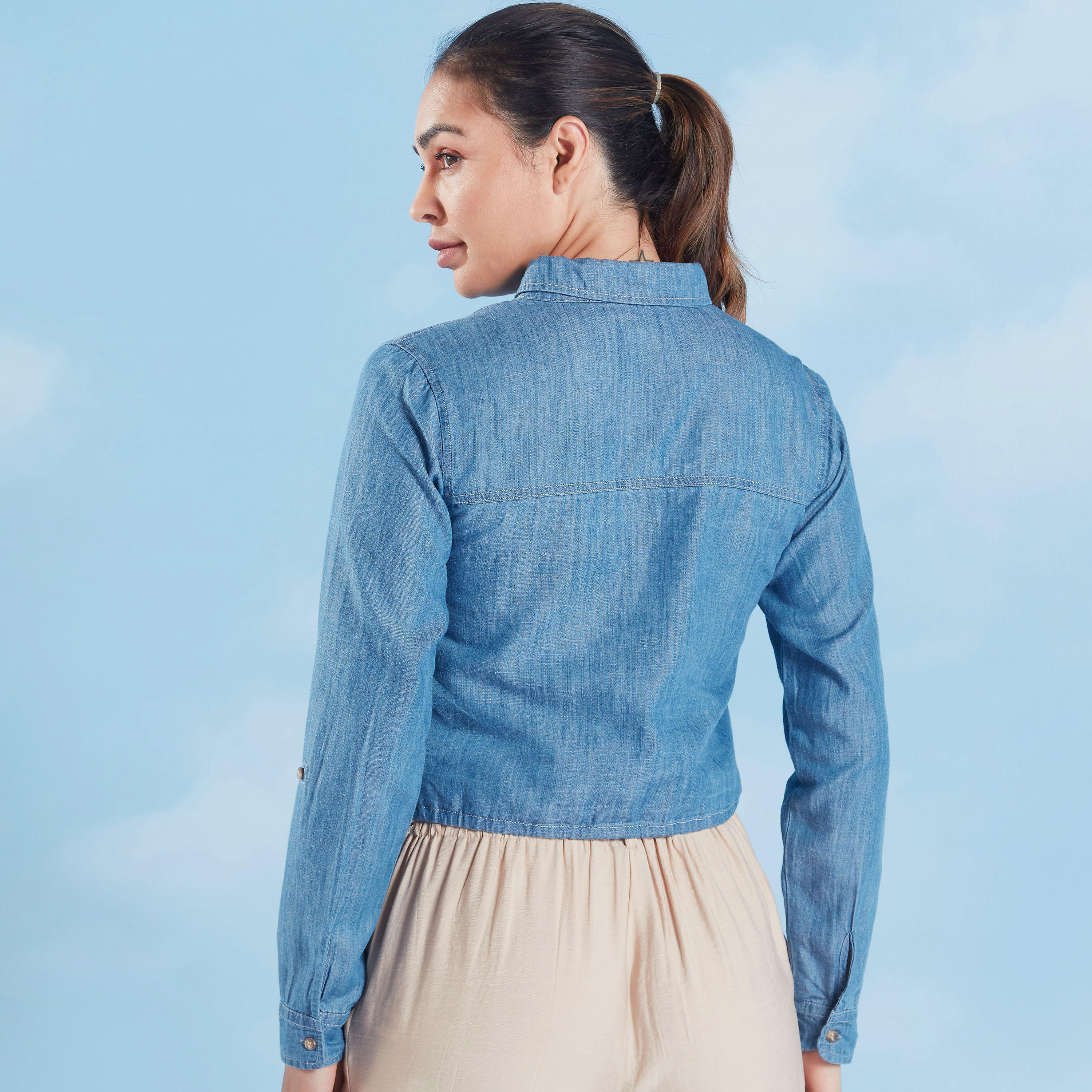 Lee Cooper Plain Denim Crop Top with Spread Collar and Long Sleeves-women-clothing-shirtsandblouses-blouses-image-5