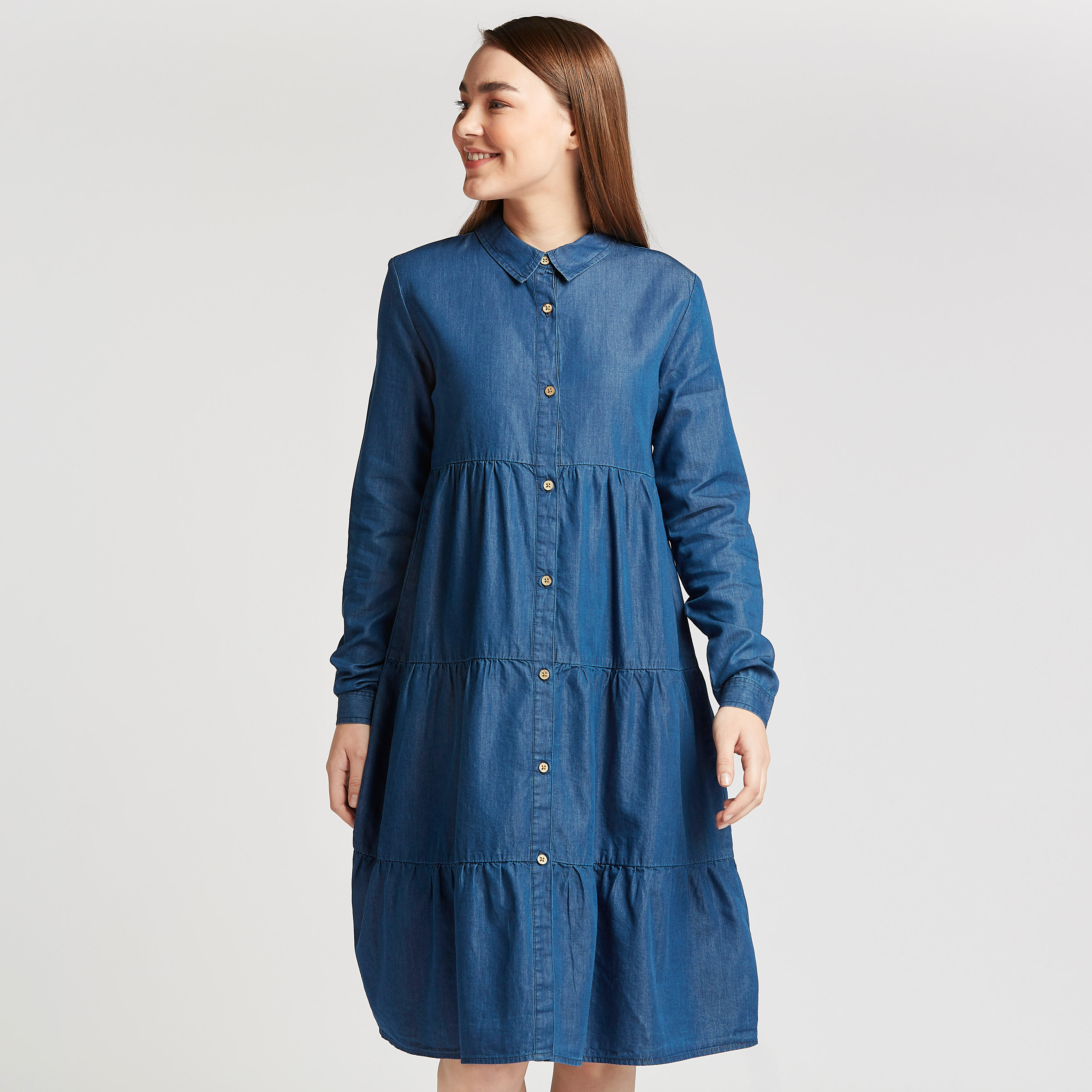 فستان قميص ميدي بارز الملمس بأكمام طويلة وياقة واسعة من لي كوبر-women-clothing-dresses-image-1