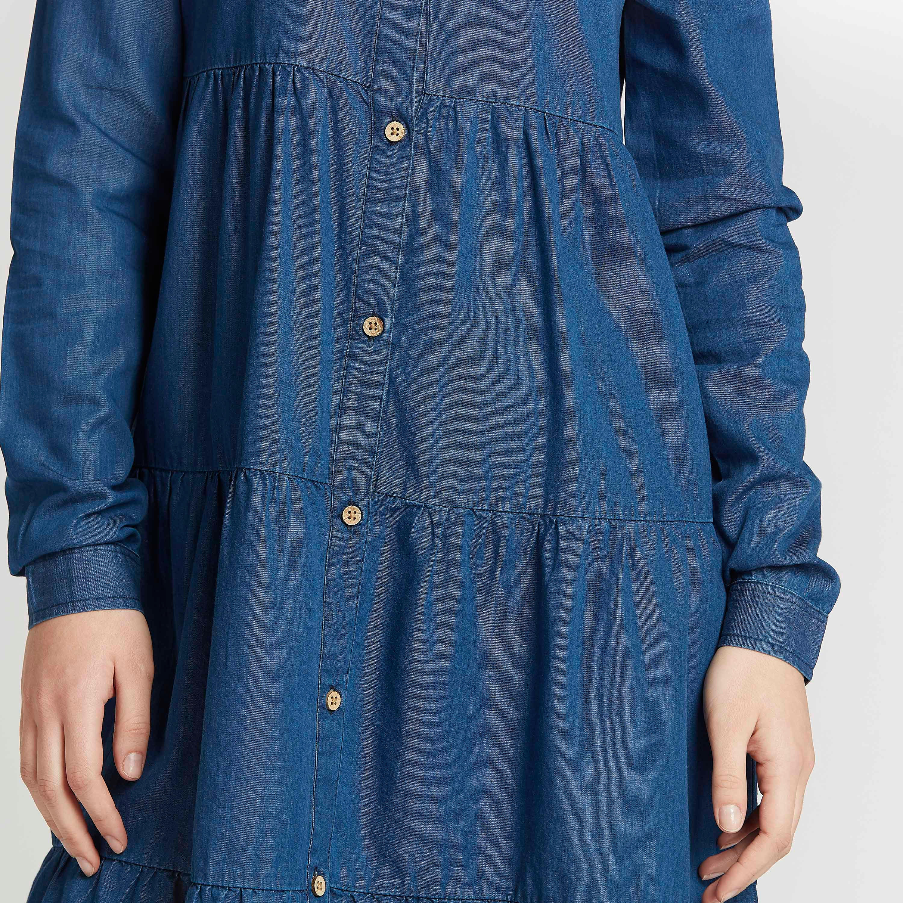 فستان قميص ميدي بارز الملمس بأكمام طويلة وياقة واسعة من لي كوبر-women-clothing-dresses-image-3