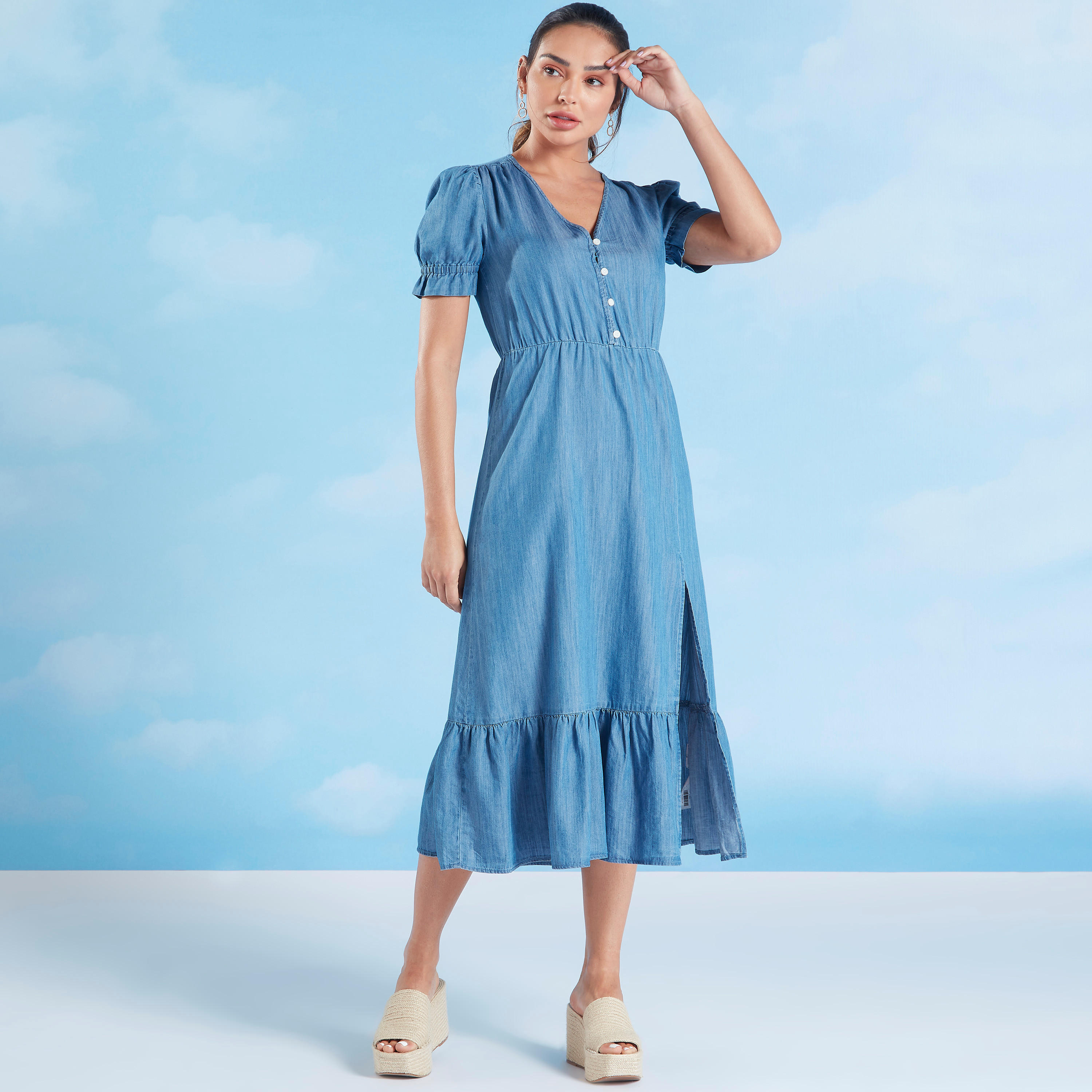 فستان ميدي إيه لاين سادة بأكمام قصيرة من لي كوبر-women-clothing-dresses-image-1