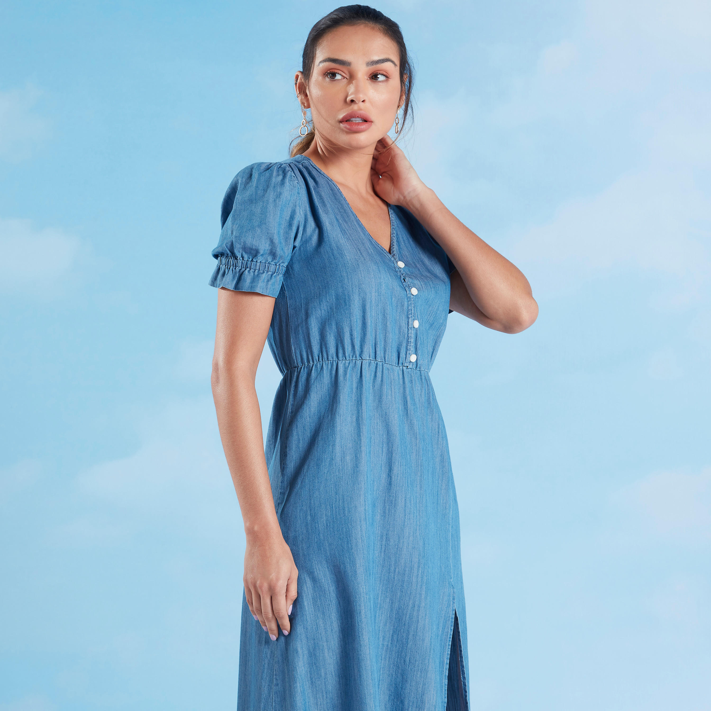 فستان ميدي إيه لاين سادة بأكمام قصيرة من لي كوبر-women-clothing-dresses-image-2