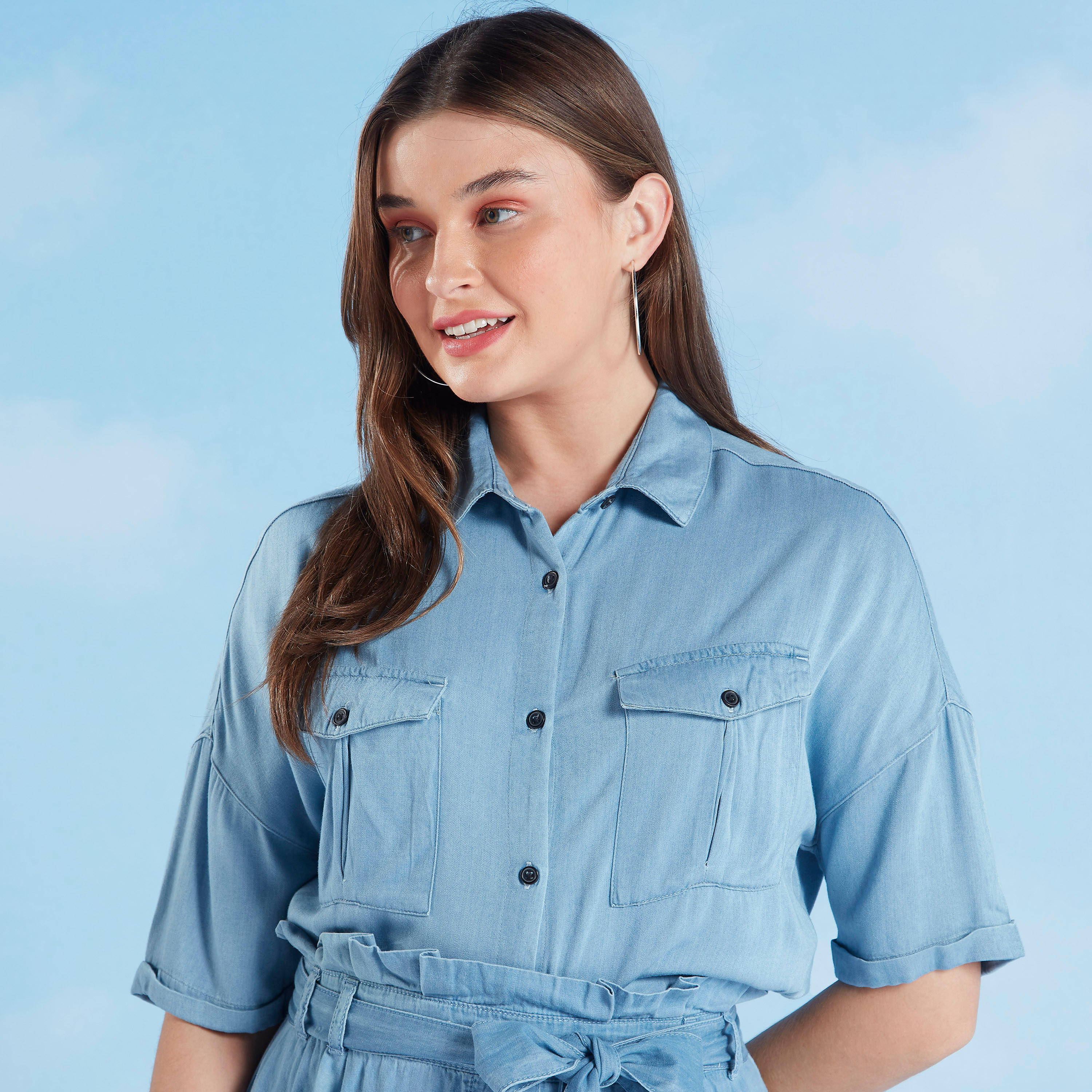 قميص سادة بأكمام 3/4 وتفاصيل طيّة من لي كوبر-women-clothing-shirtsandblouses-shirts-image-1