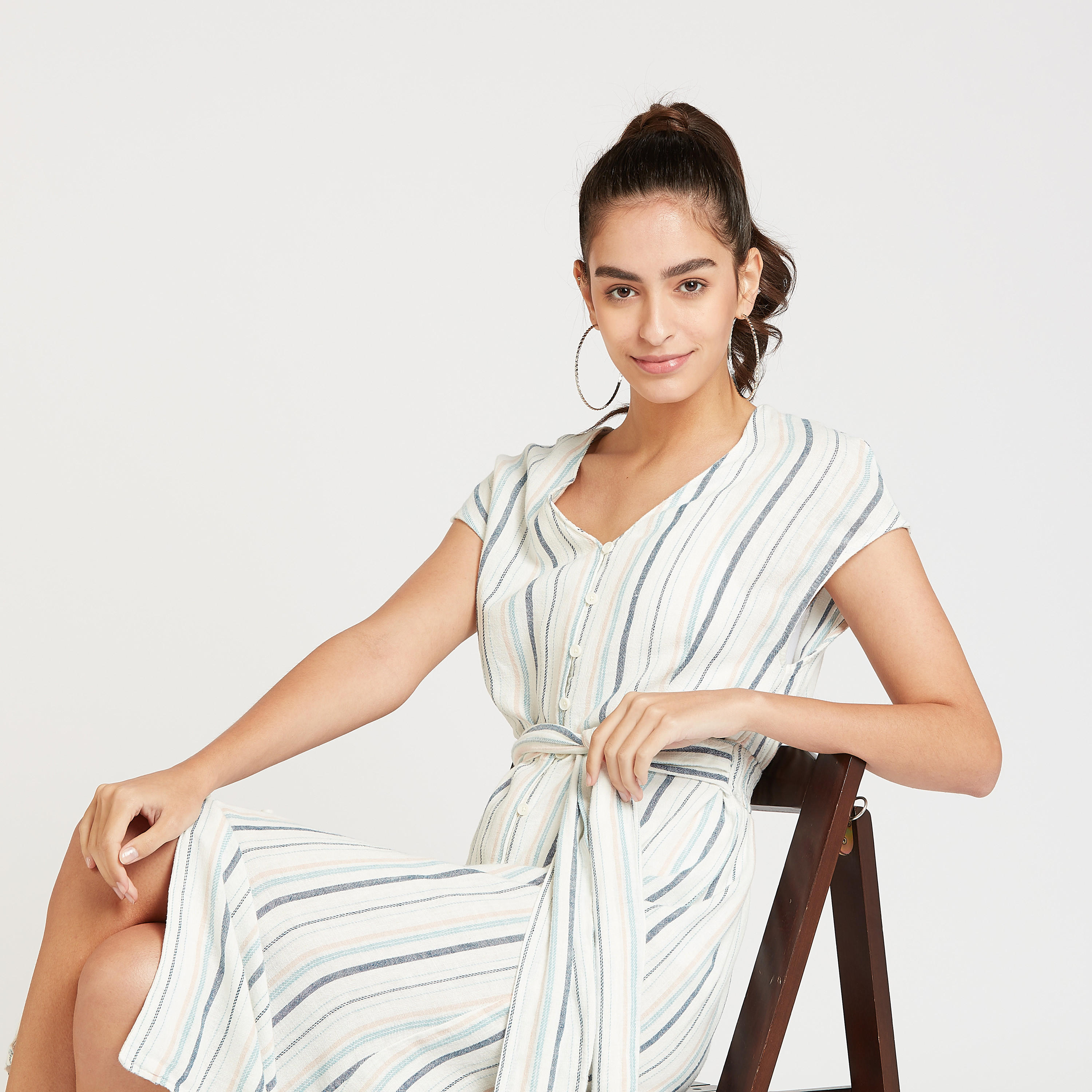 فستان إيه لاين ميدي مخطط بأكمام كاب و أربطة من لي كوبر-women-clothing-dresses-image-5