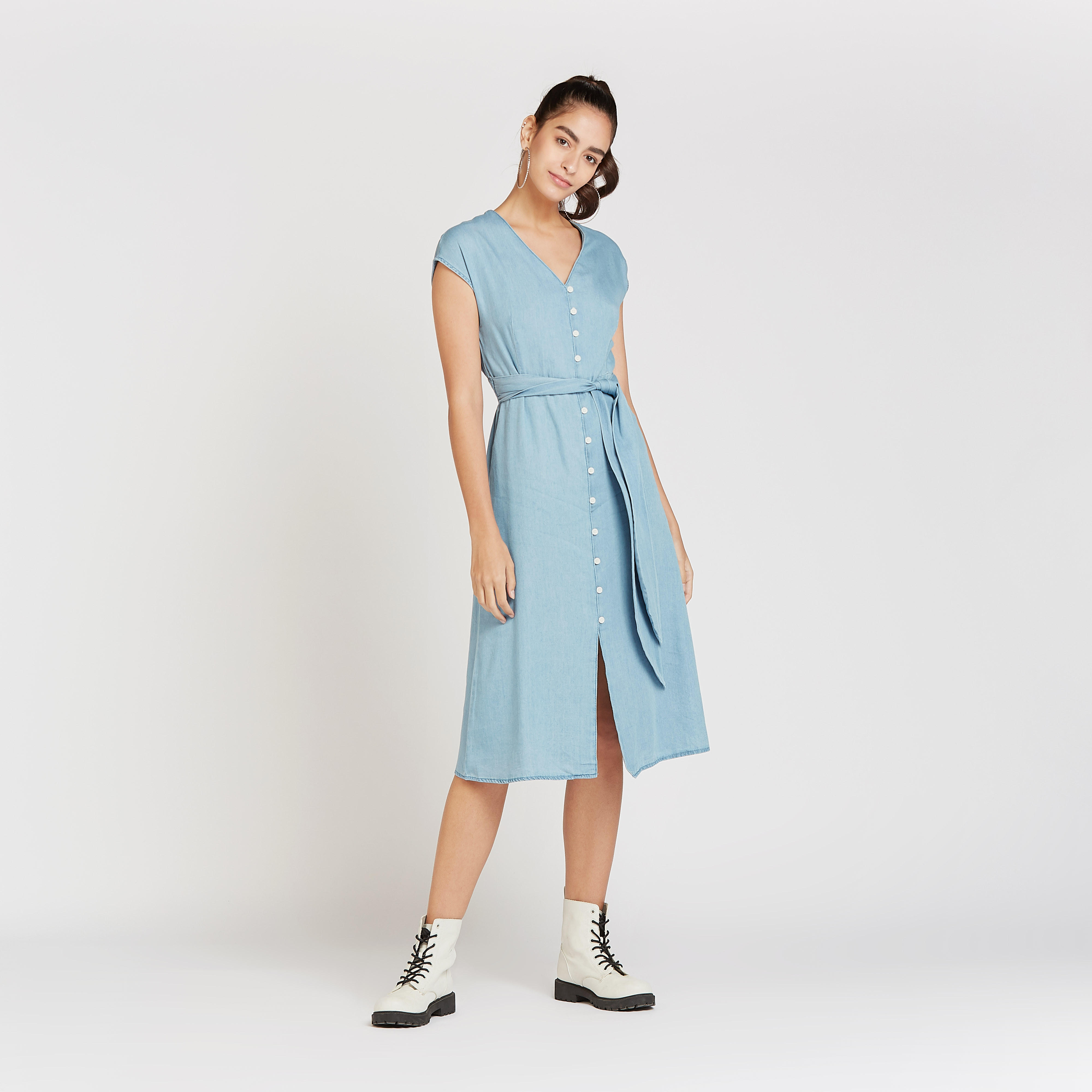 فستان إيه لاين ميدي سادة بأكمام كاب و أربطة من لي كوبر-women-clothing-dresses-image-3