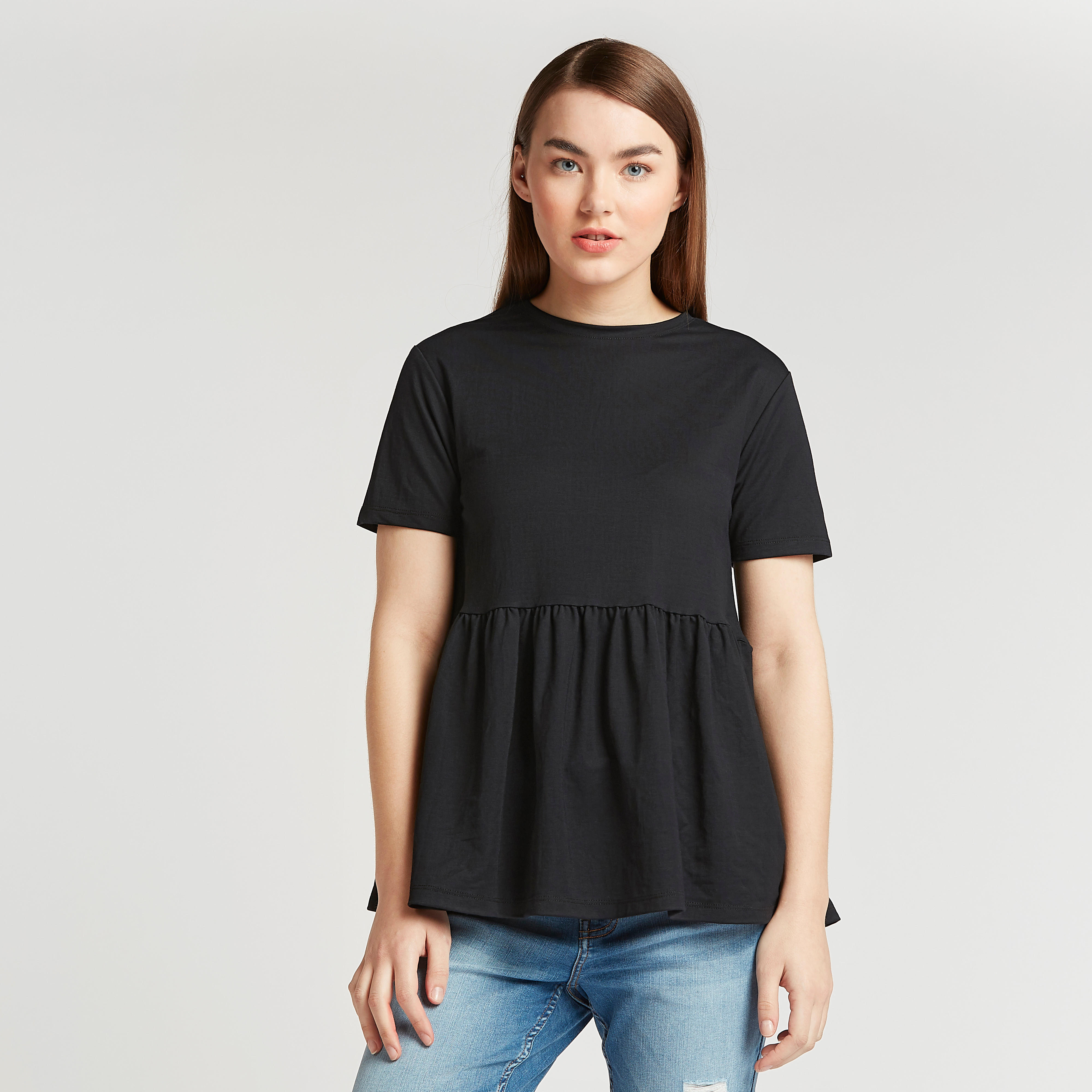 Lee Cooper Solid Peplum Top with Crew Neck and Short Sleeves-women-clothing-shirtsandblouses-blouses-image-1
