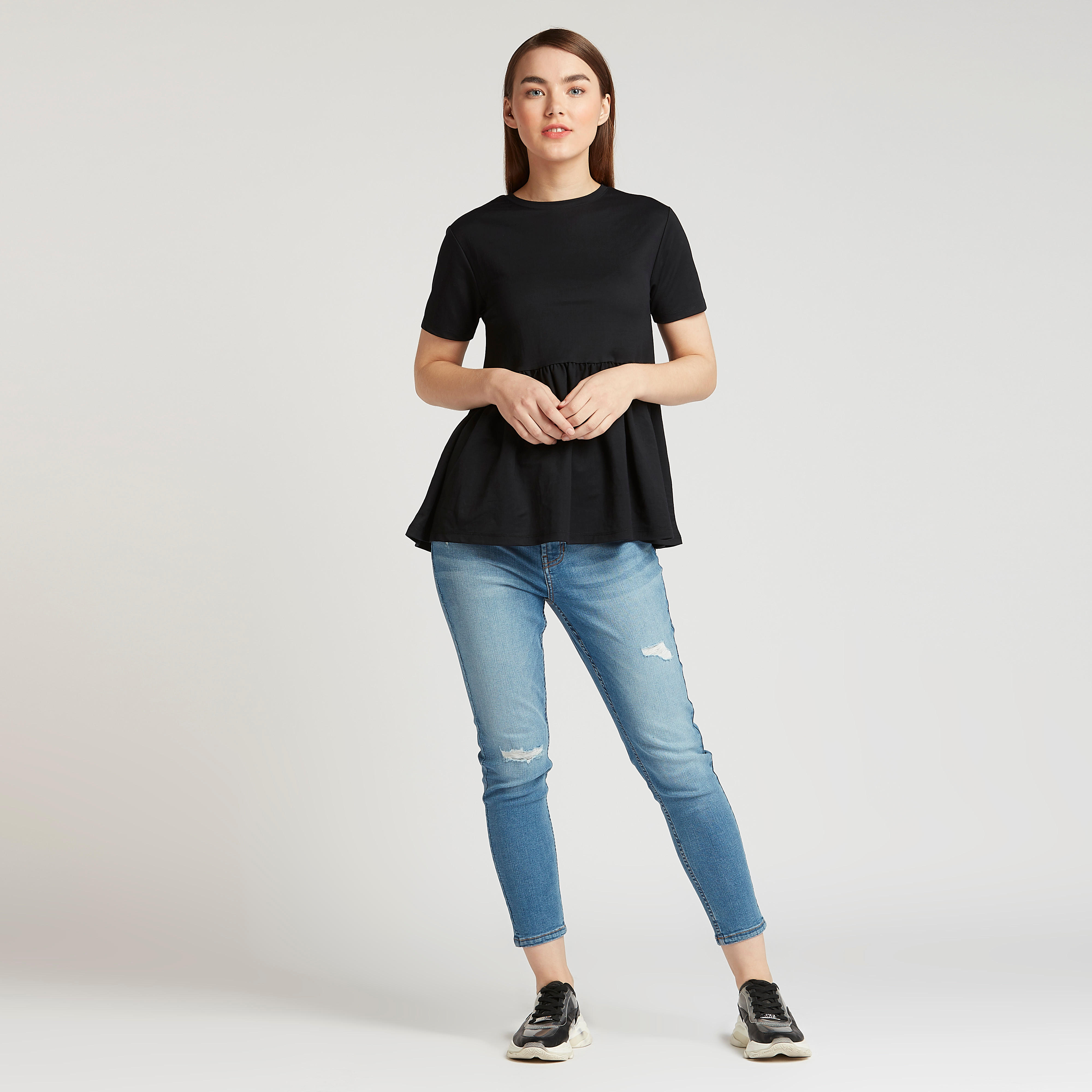 Lee Cooper Solid Peplum Top with Crew Neck and Short Sleeves-women-clothing-shirtsandblouses-blouses-image-2