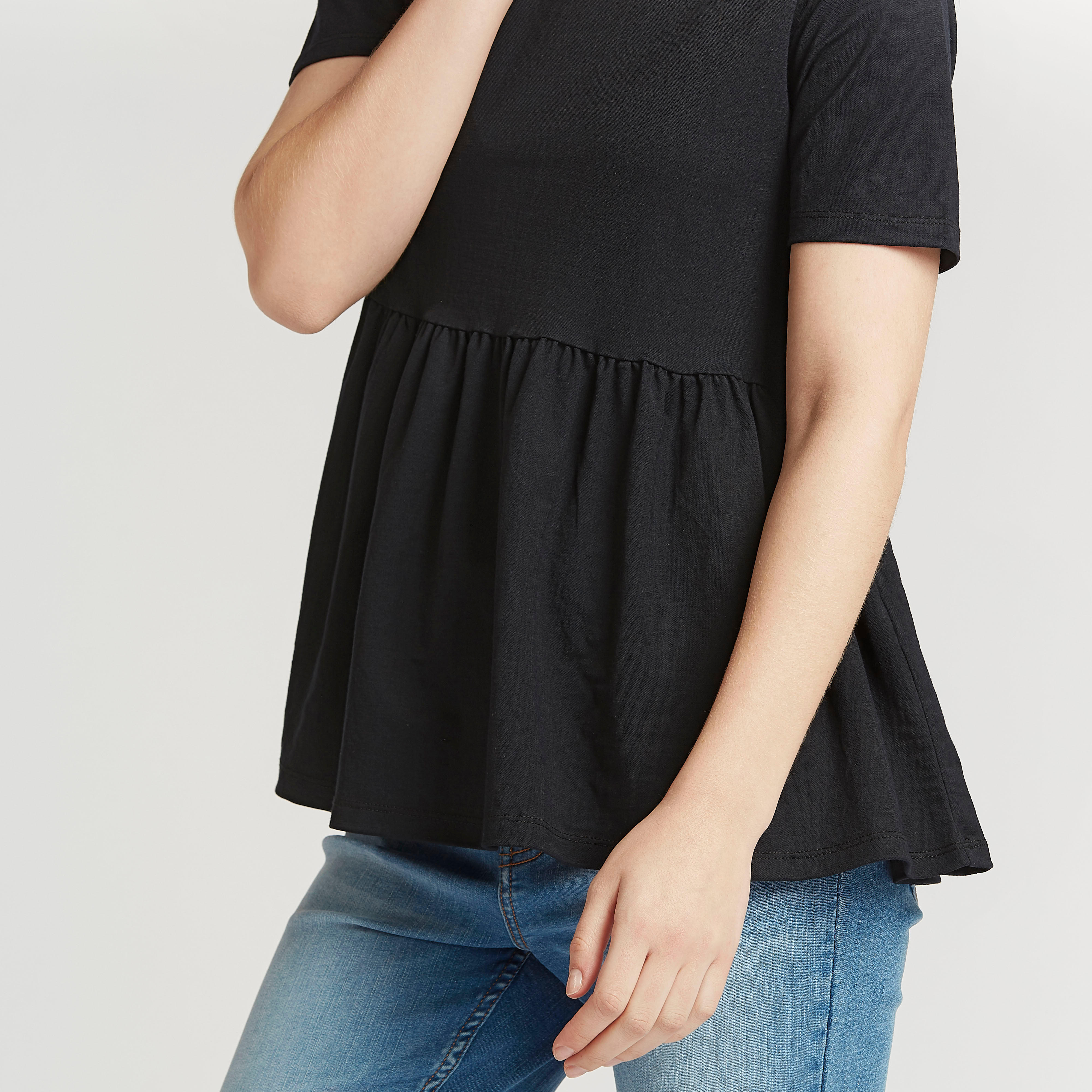 Lee Cooper Solid Peplum Top with Crew Neck and Short Sleeves-women-clothing-shirtsandblouses-blouses-image-3