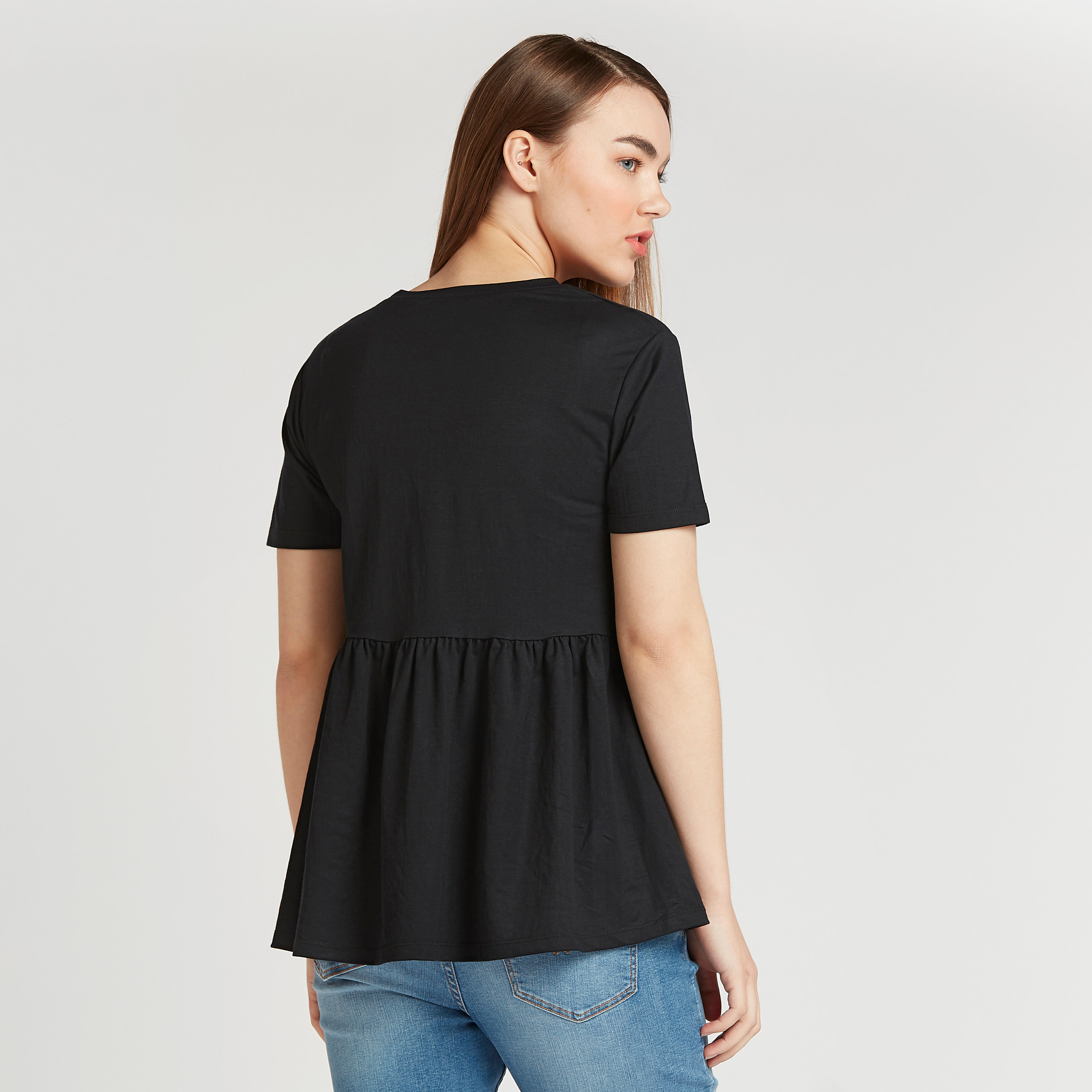 Lee Cooper Solid Peplum Top with Crew Neck and Short Sleeves-women-clothing-shirtsandblouses-blouses-image-4