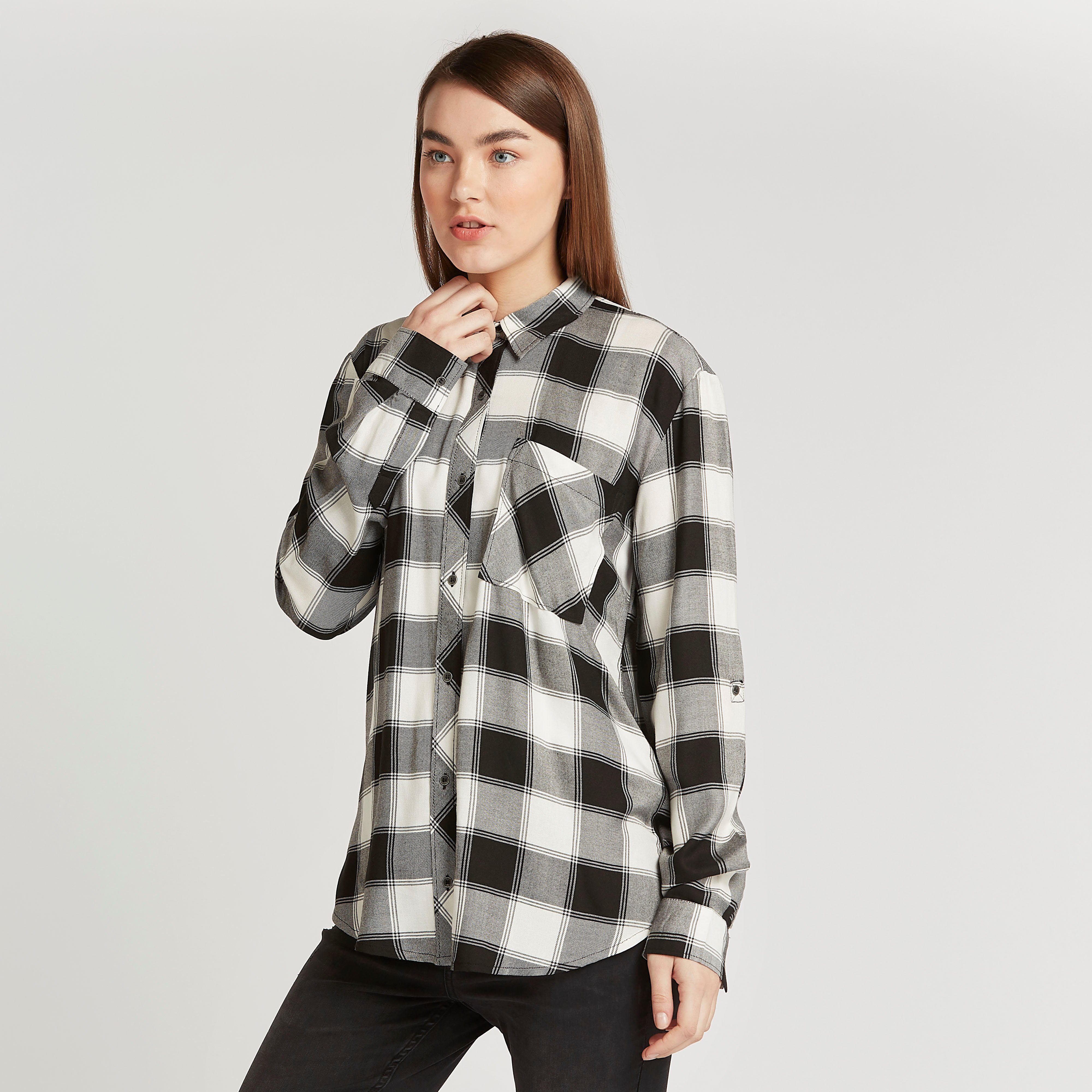 Lee Cooper Checked Shirt with Long Sleeves and Flap Pockets-women-clothing-shirtsandblouses-shirts-image-1