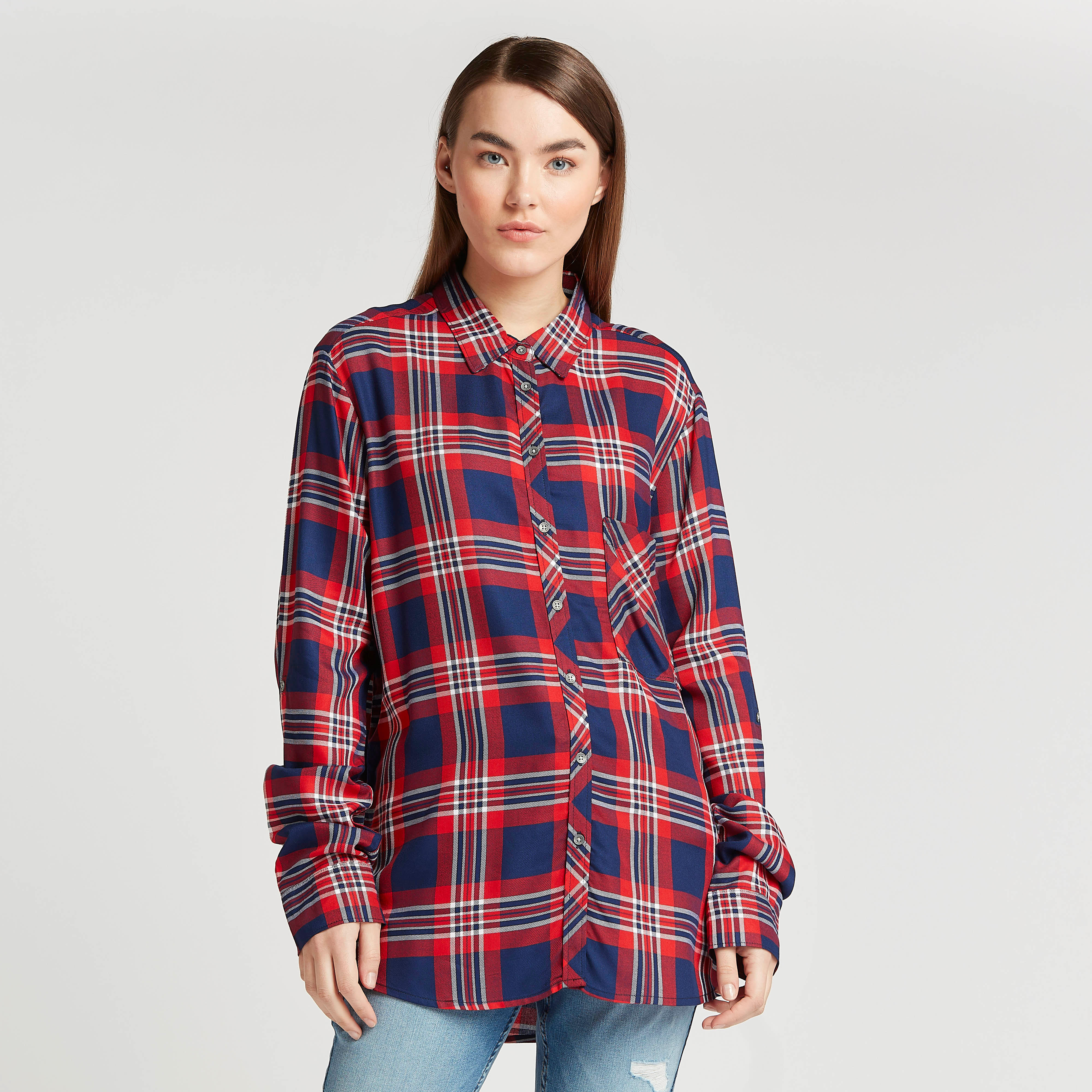 قميص كاروهات بأكمام طويلة وجيب على الصدر من لي كوبر-women-clothing-shirtsandblouses-shirts-image-1