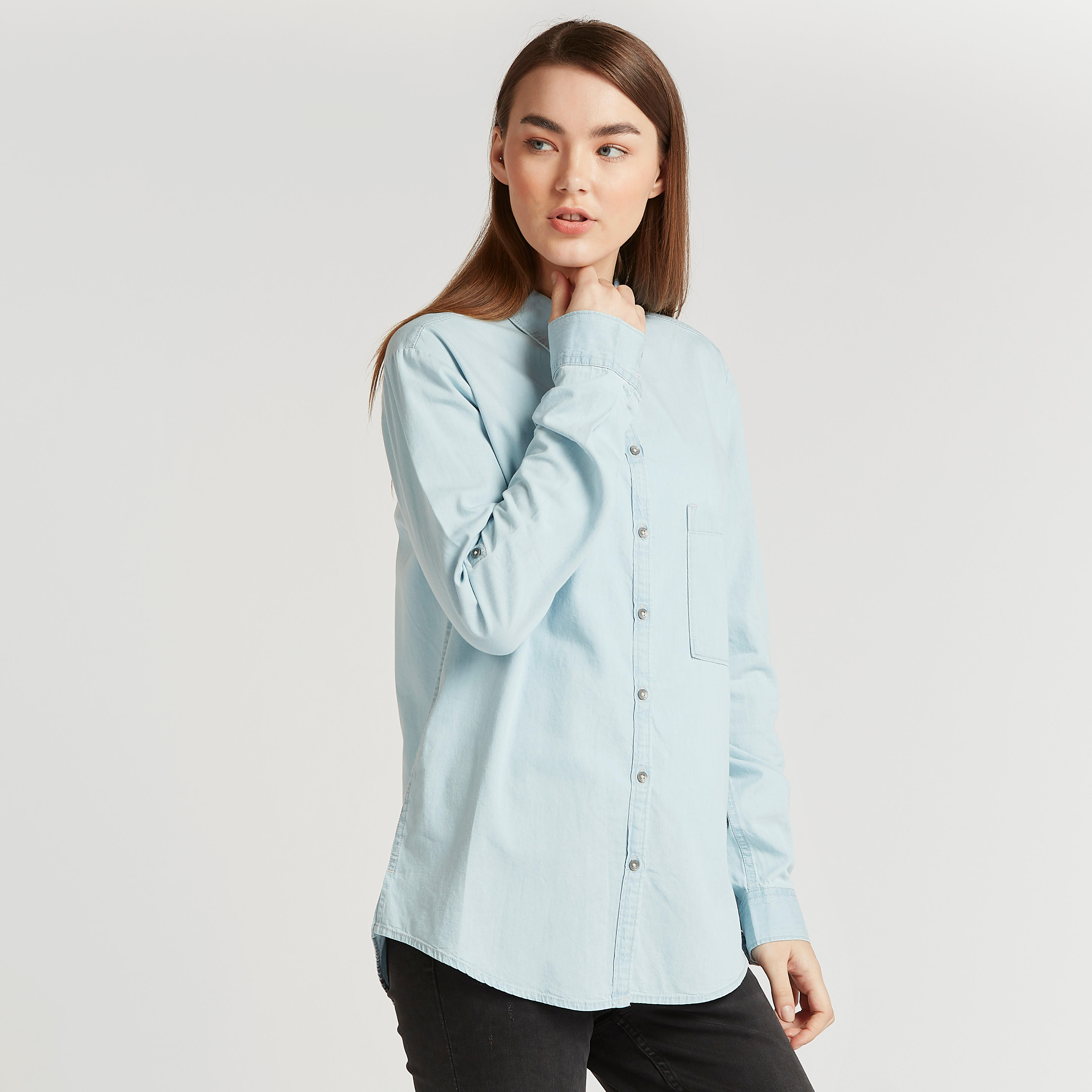 Lee Cooper Denim Shirt with Spread Collar and Long Sleeves-women-clothing-shirtsandblouses-shirts-image-1