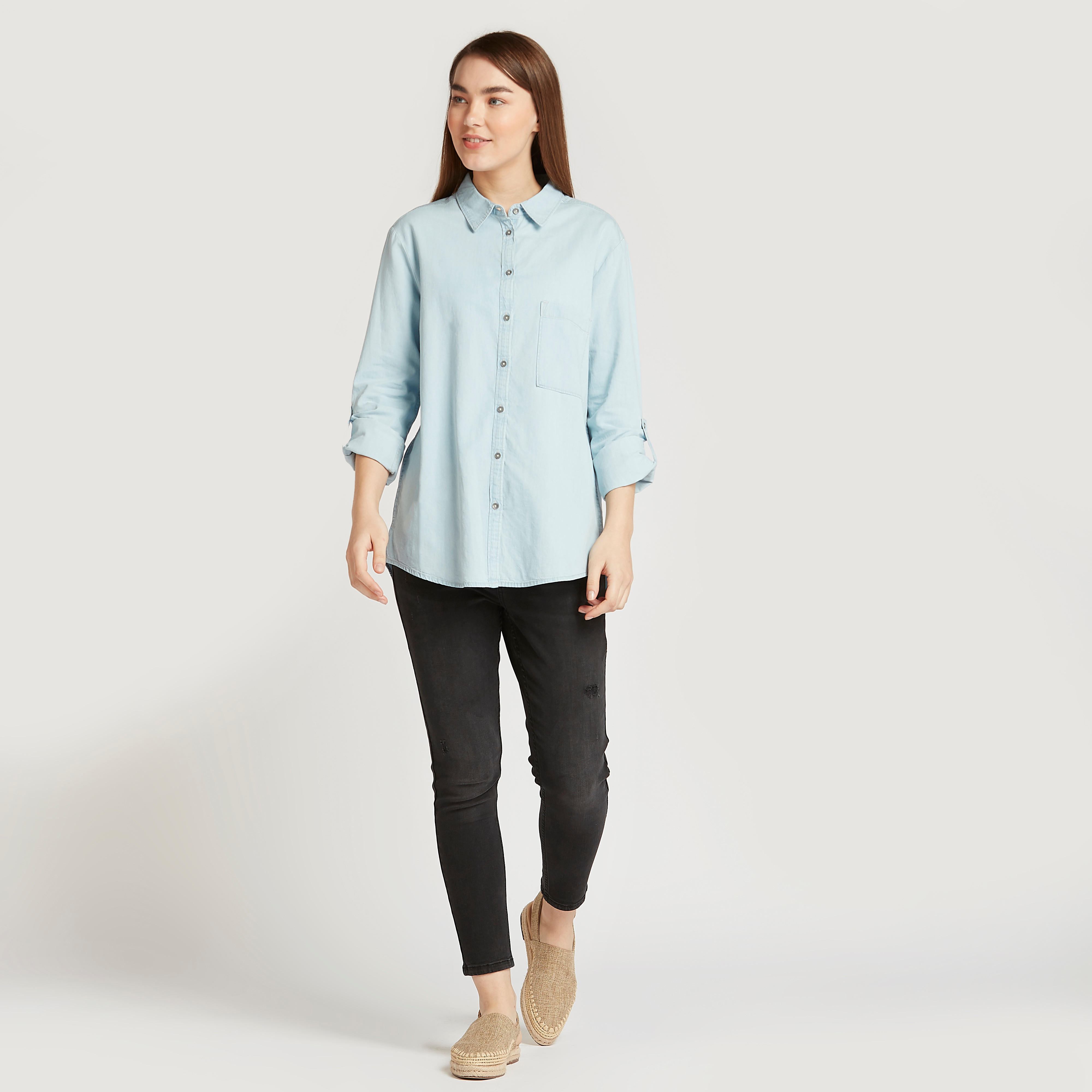 Lee Cooper Denim Shirt with Spread Collar and Long Sleeves-women-clothing-shirtsandblouses-shirts-image-2
