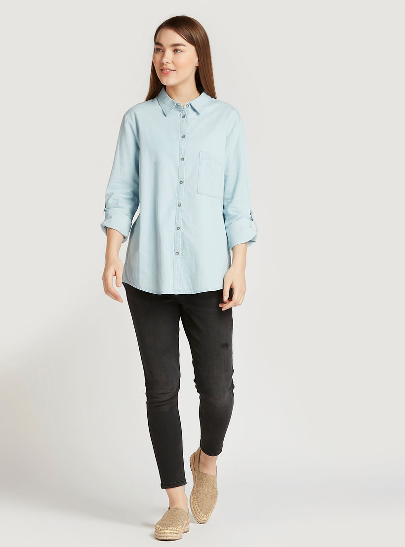 Lee Cooper Denim Shirt with Spread Collar and Long Sleeves-women-clothing-shirtsandblouses-shirts-image-2