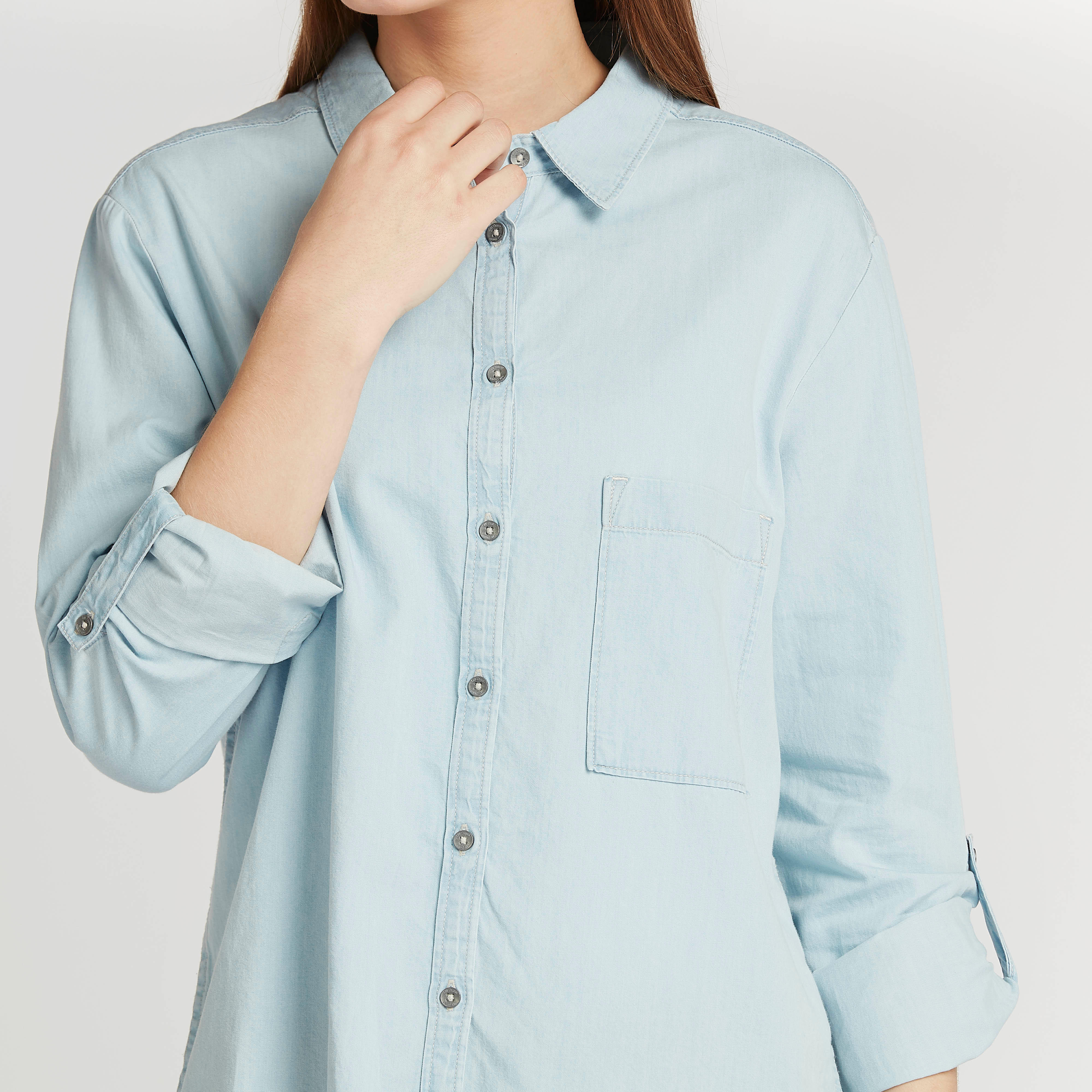 Lee Cooper Denim Shirt with Spread Collar and Long Sleeves-women-clothing-shirtsandblouses-shirts-image-3