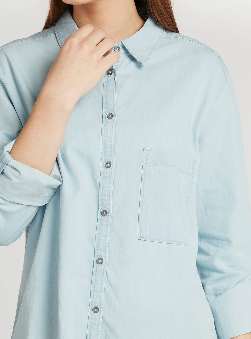 Lee Cooper Denim Shirt with Spread Collar and Long Sleeves-women-clothing-shirtsandblouses-shirts-image-3