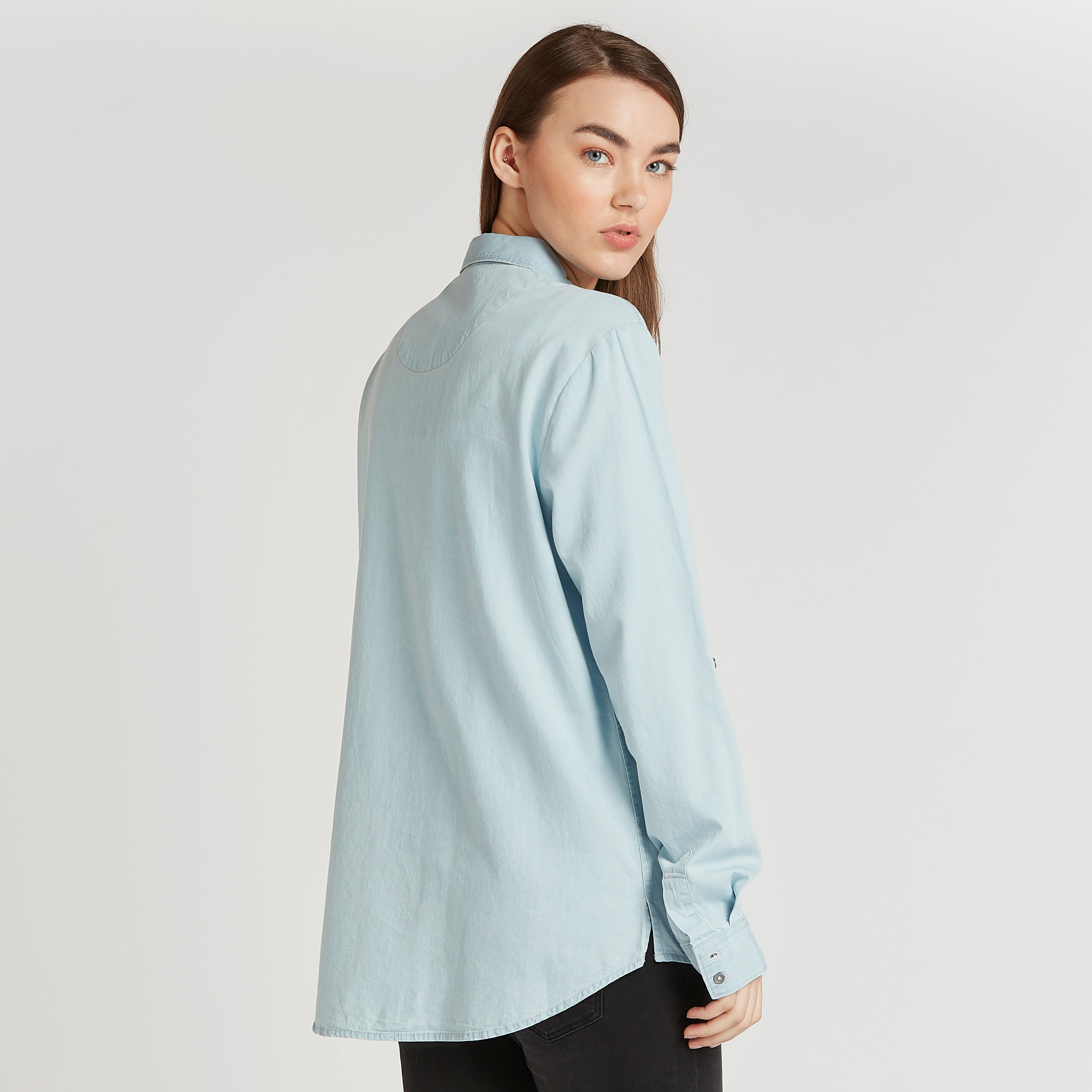 Lee Cooper Denim Shirt with Spread Collar and Long Sleeves-women-clothing-shirtsandblouses-shirts-image-4