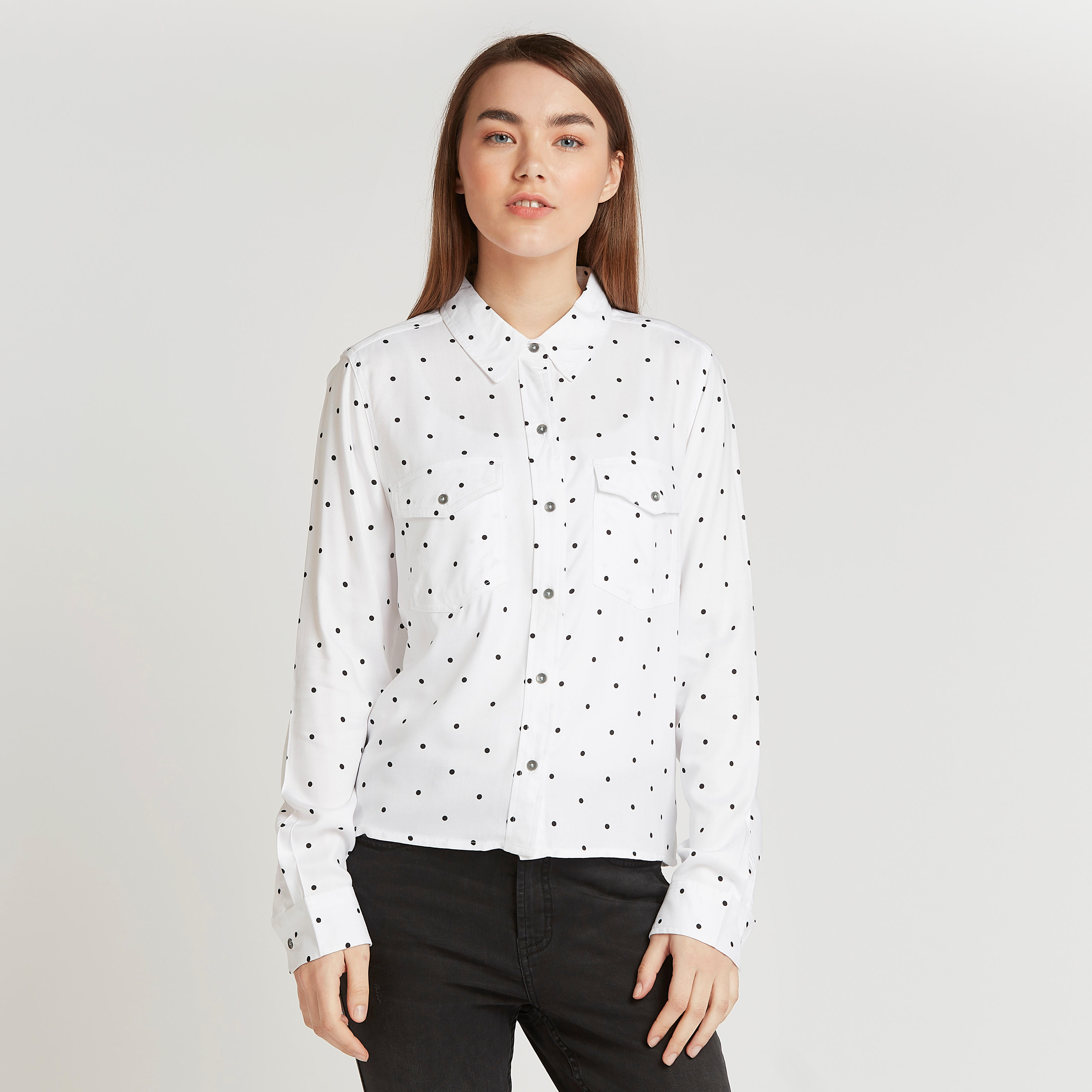 Scatter Print Shirt with Long Sleeves and Flap Pockets-women-clothing-shirtsandblouses-shirts-image-1