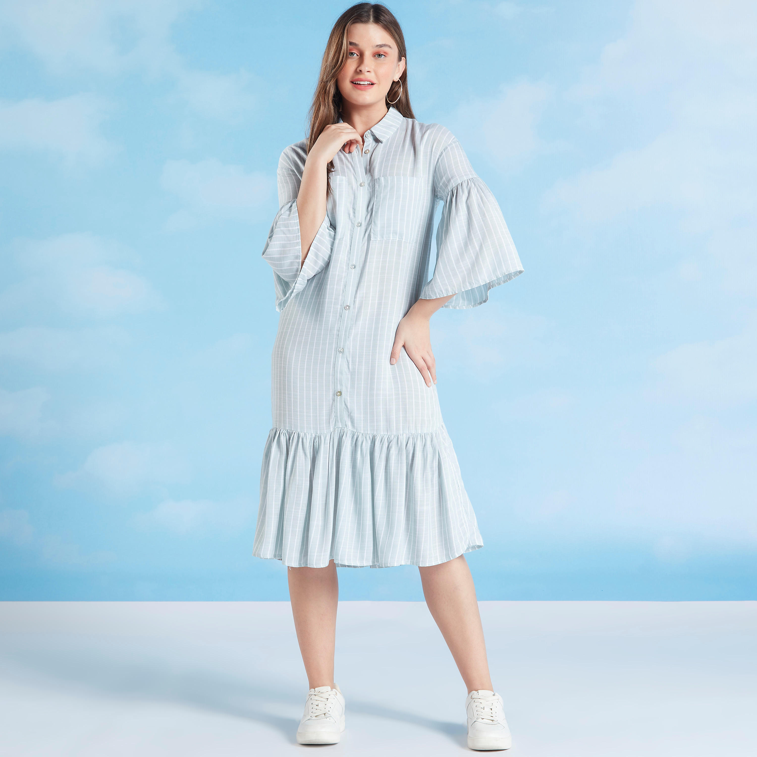 فستان قميص ميدي مخطط بأكمام عريضة وجيب على الصدر من لي كوبر-women-clothing-dresses-image-1