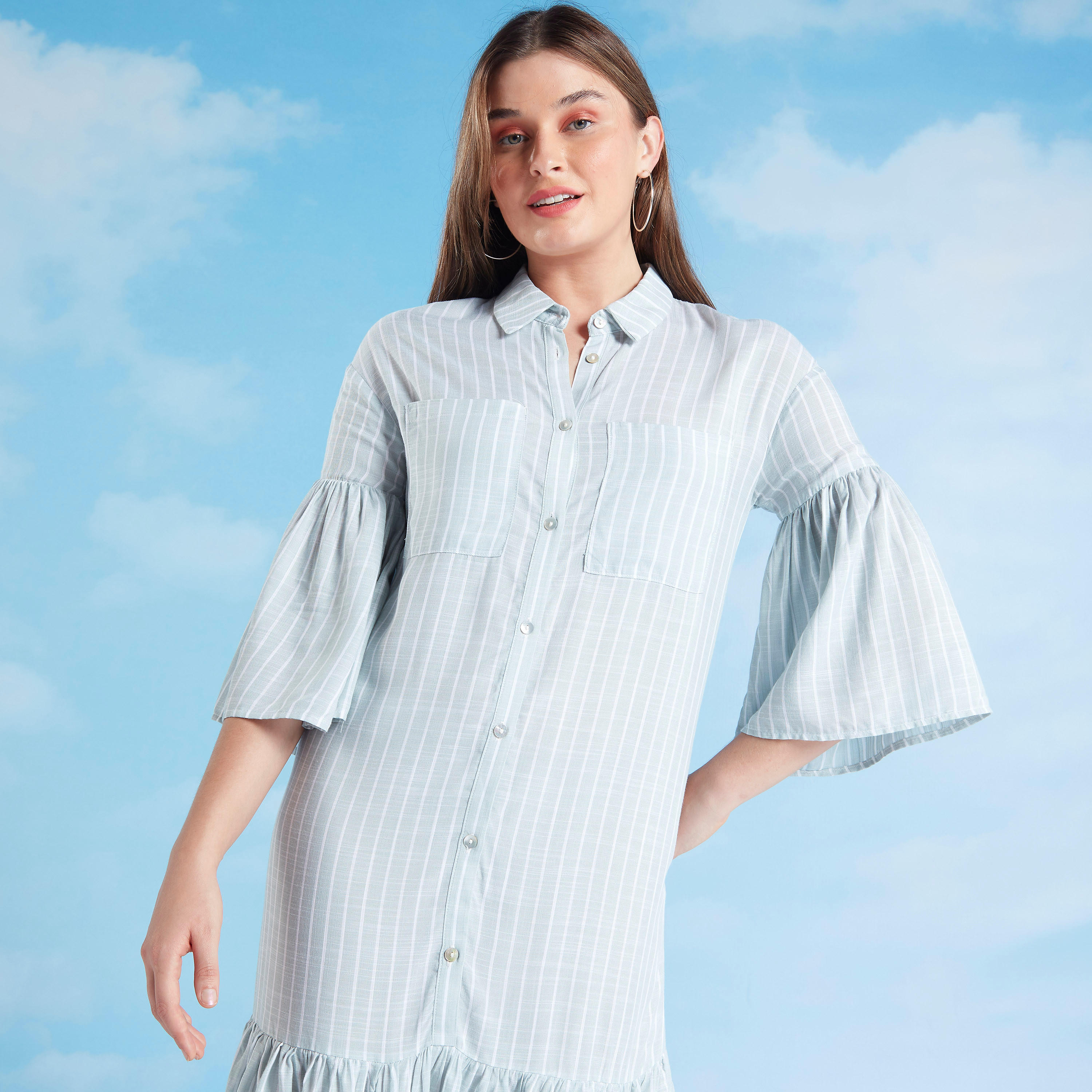 فستان قميص ميدي مخطط بأكمام عريضة وجيب على الصدر من لي كوبر-women-clothing-dresses-image-2