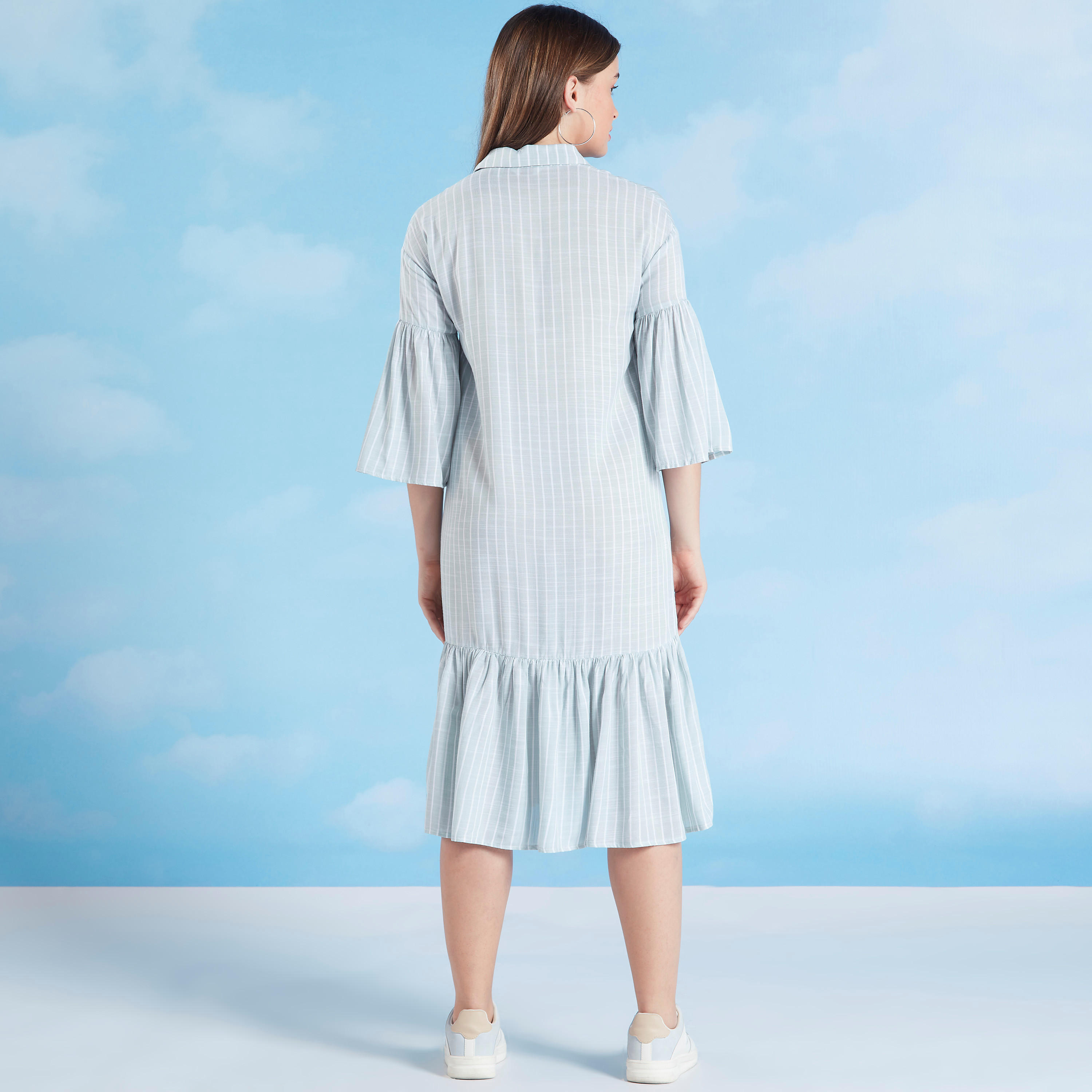فستان قميص ميدي مخطط بأكمام عريضة وجيب على الصدر من لي كوبر-women-clothing-dresses-image-5