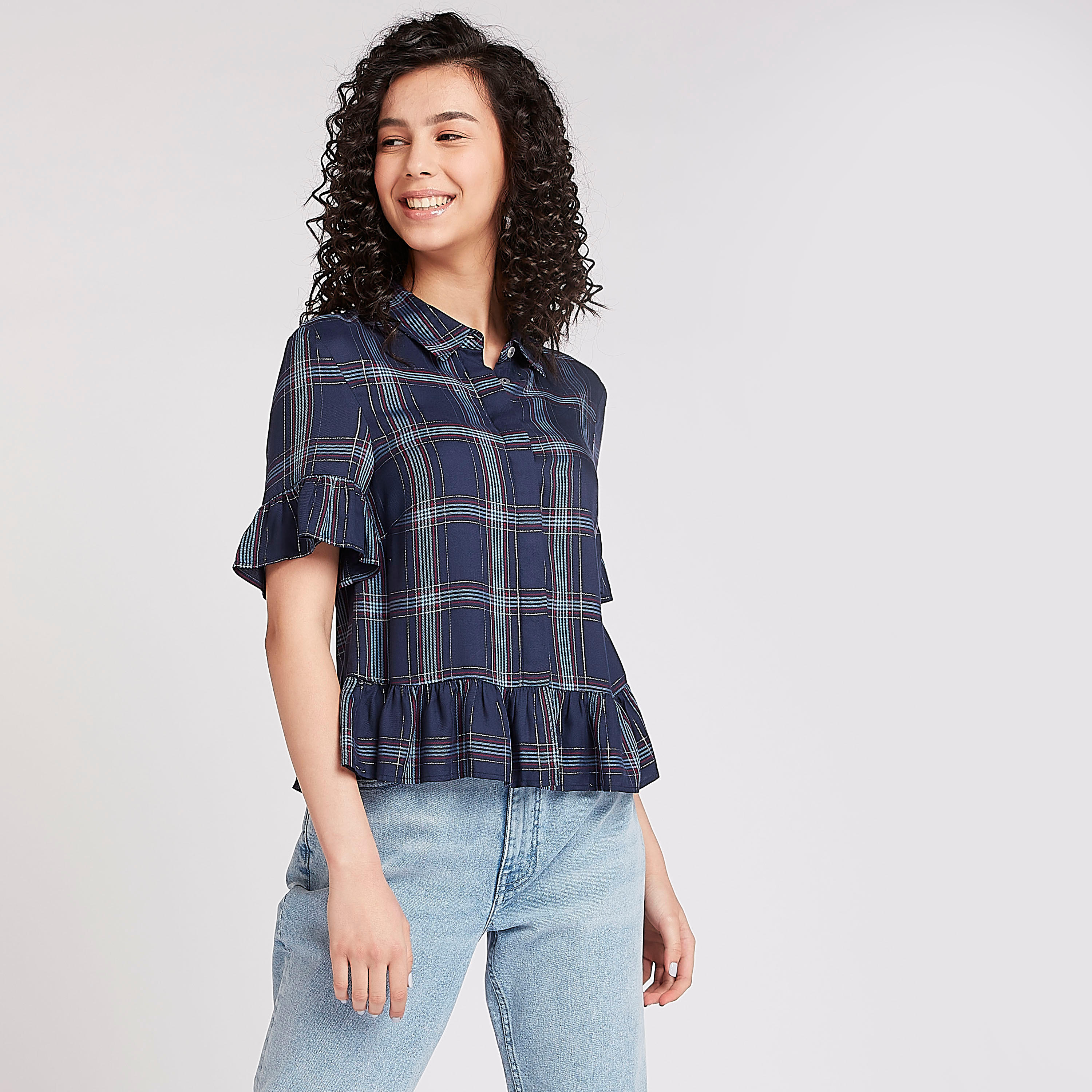 Lee Cooper Checked Top with Short Sleeves-women-clothing-shirtsandblouses-blouses-image-1