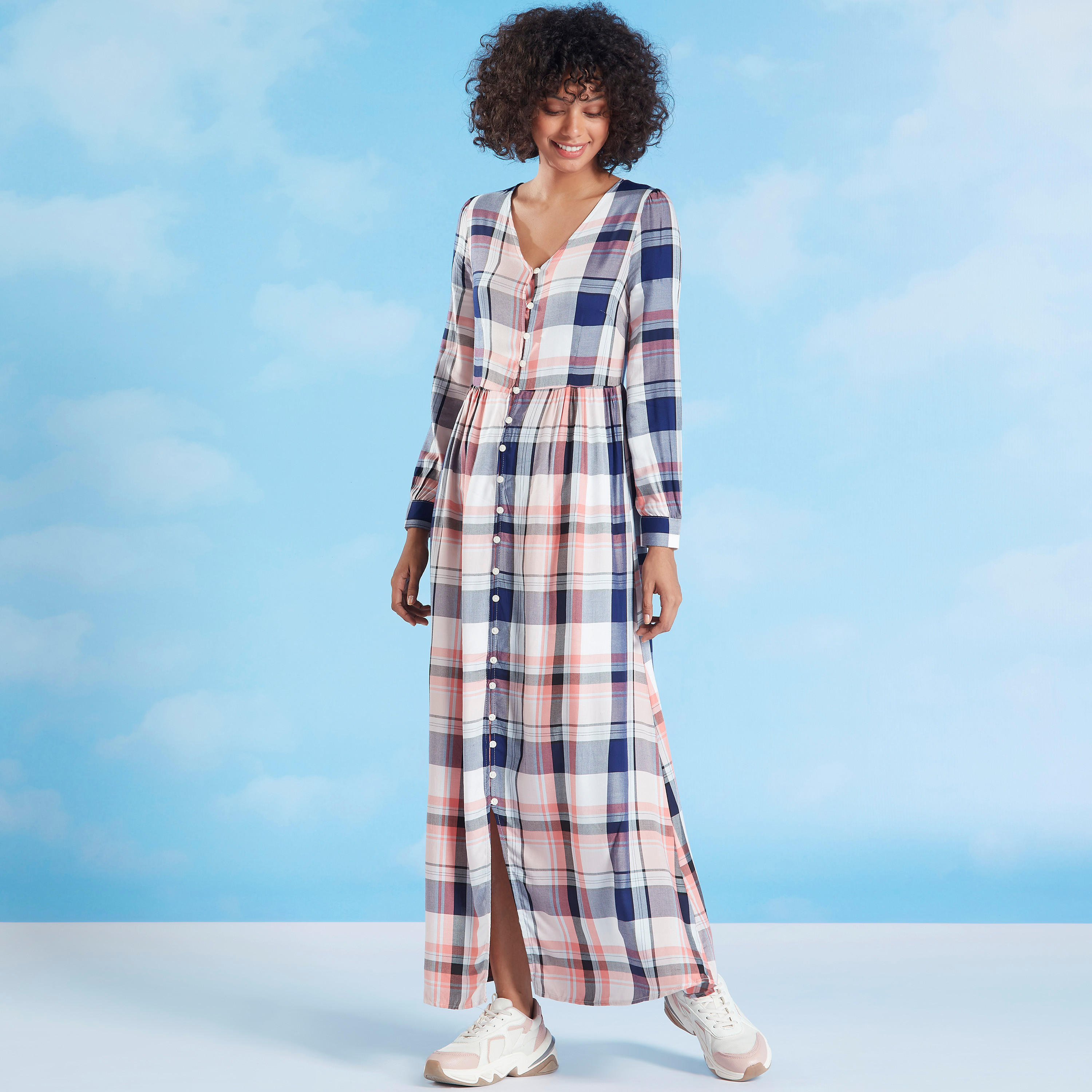 فستان إيه لاين طويل كاروهات بأكمام طويلة من لي كوبر-women-clothing-dresses-image-1