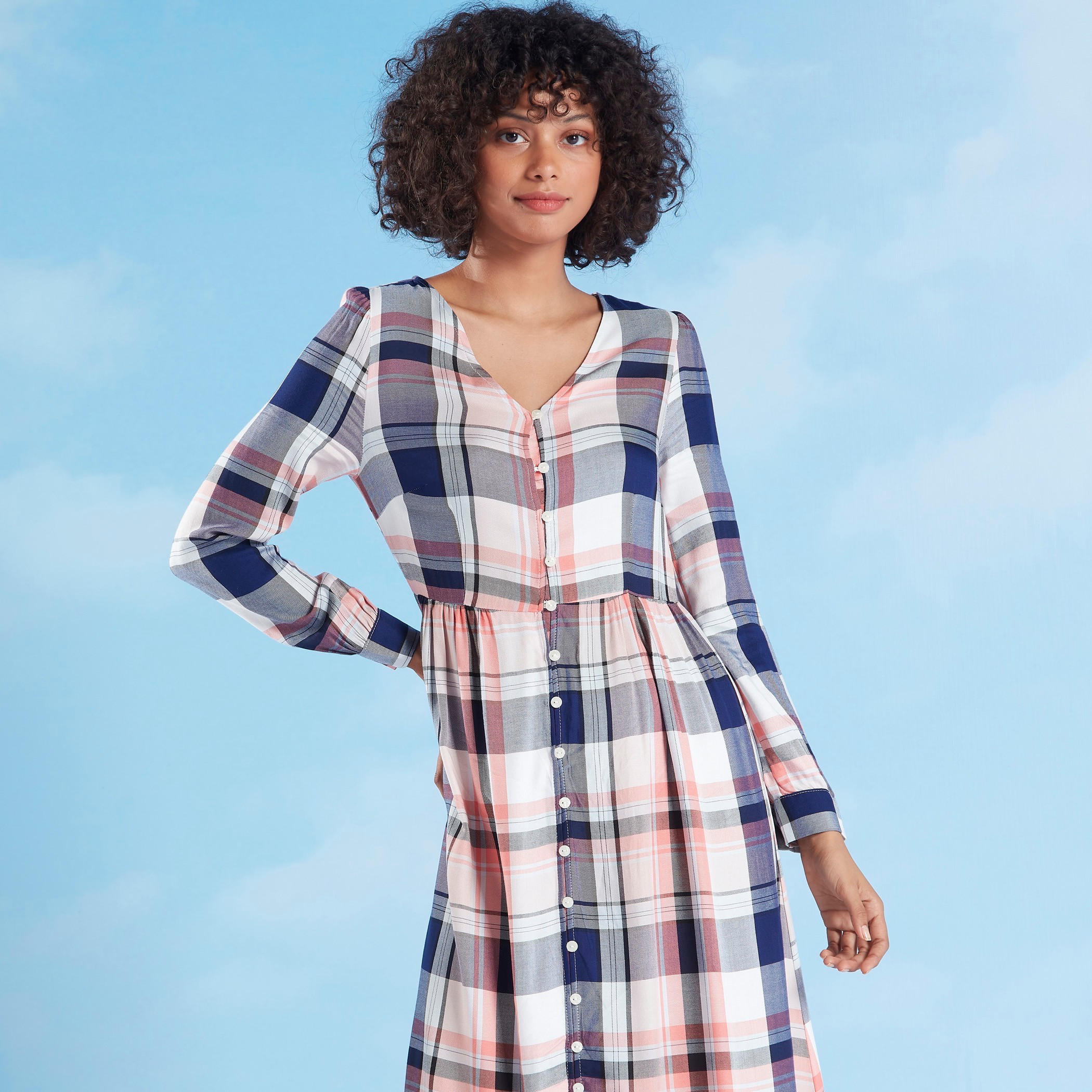 فستان إيه لاين طويل كاروهات بأكمام طويلة من لي كوبر-women-clothing-dresses-image-2