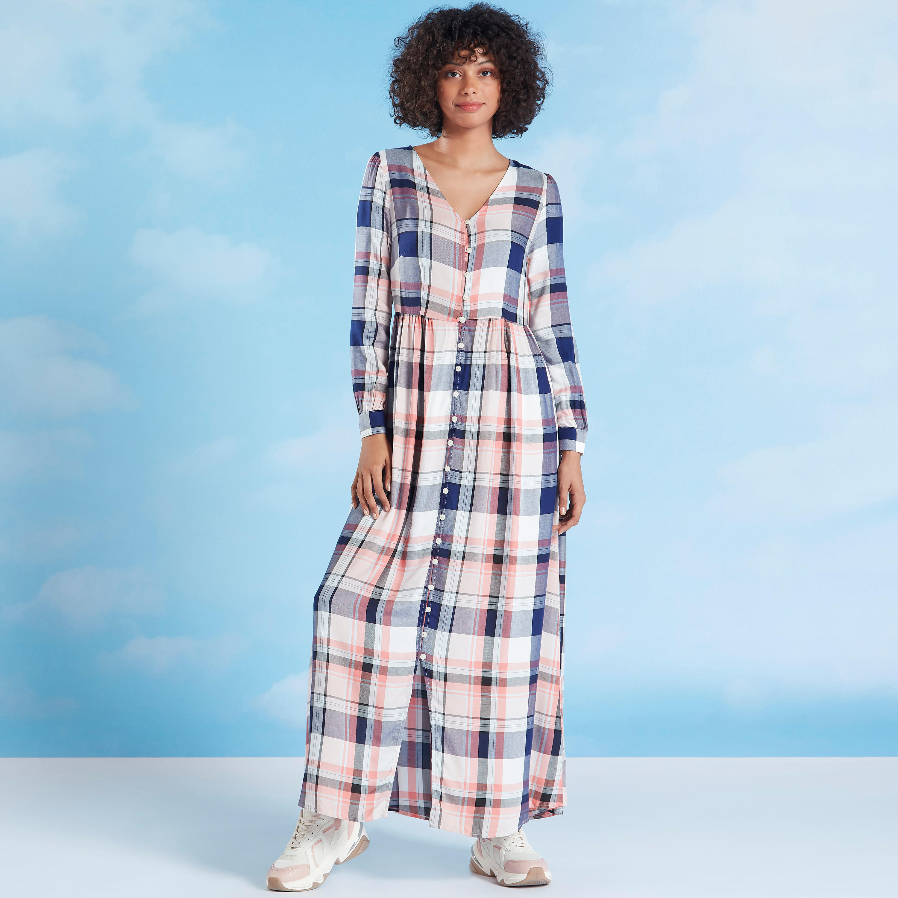 فستان إيه لاين طويل كاروهات بأكمام طويلة من لي كوبر-women-clothing-dresses-image-3