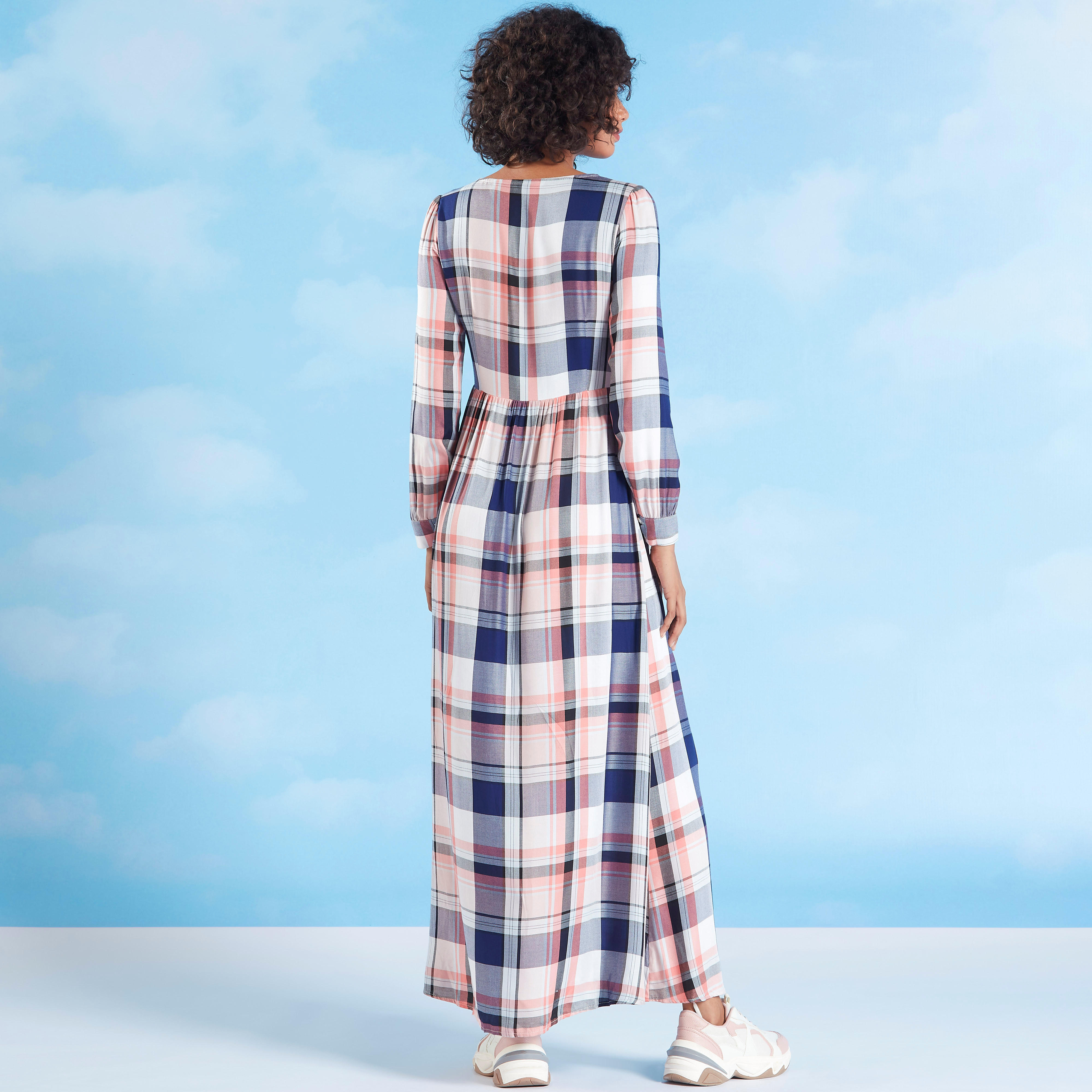 فستان إيه لاين طويل كاروهات بأكمام طويلة من لي كوبر-women-clothing-dresses-image-5